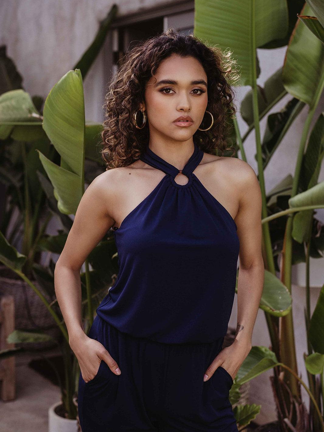Navy Stretch Ring Halter Jumpsuit