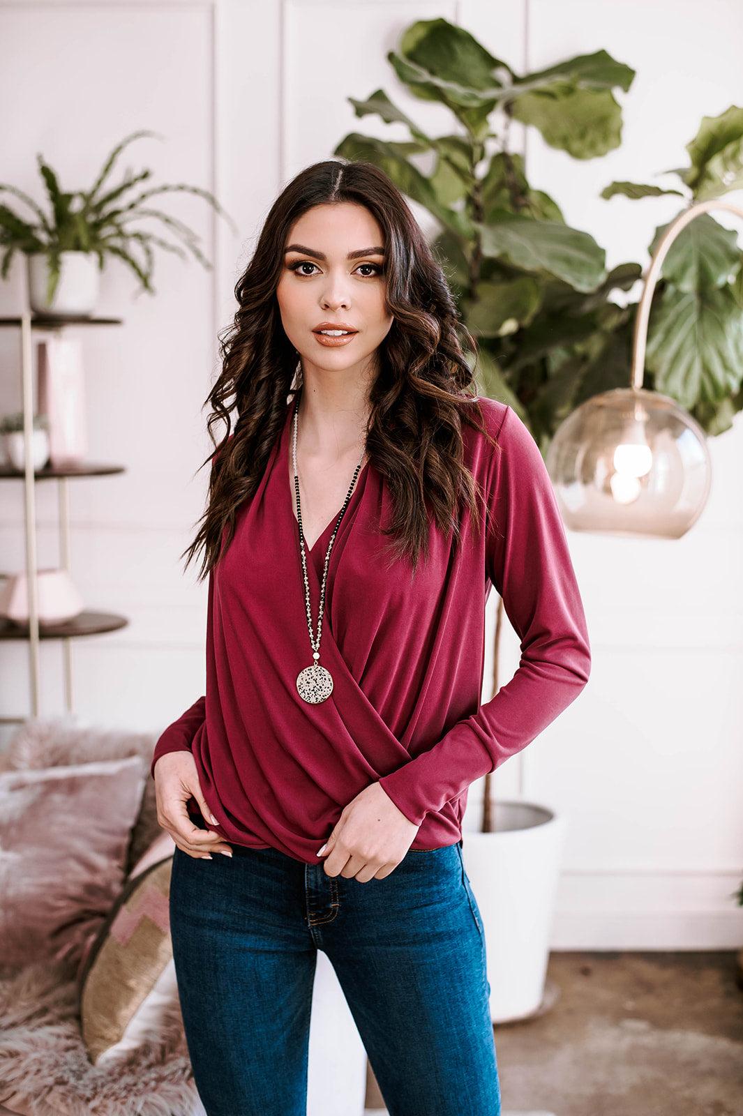 Burgundy Draped Surplice Top-BEST SELLER