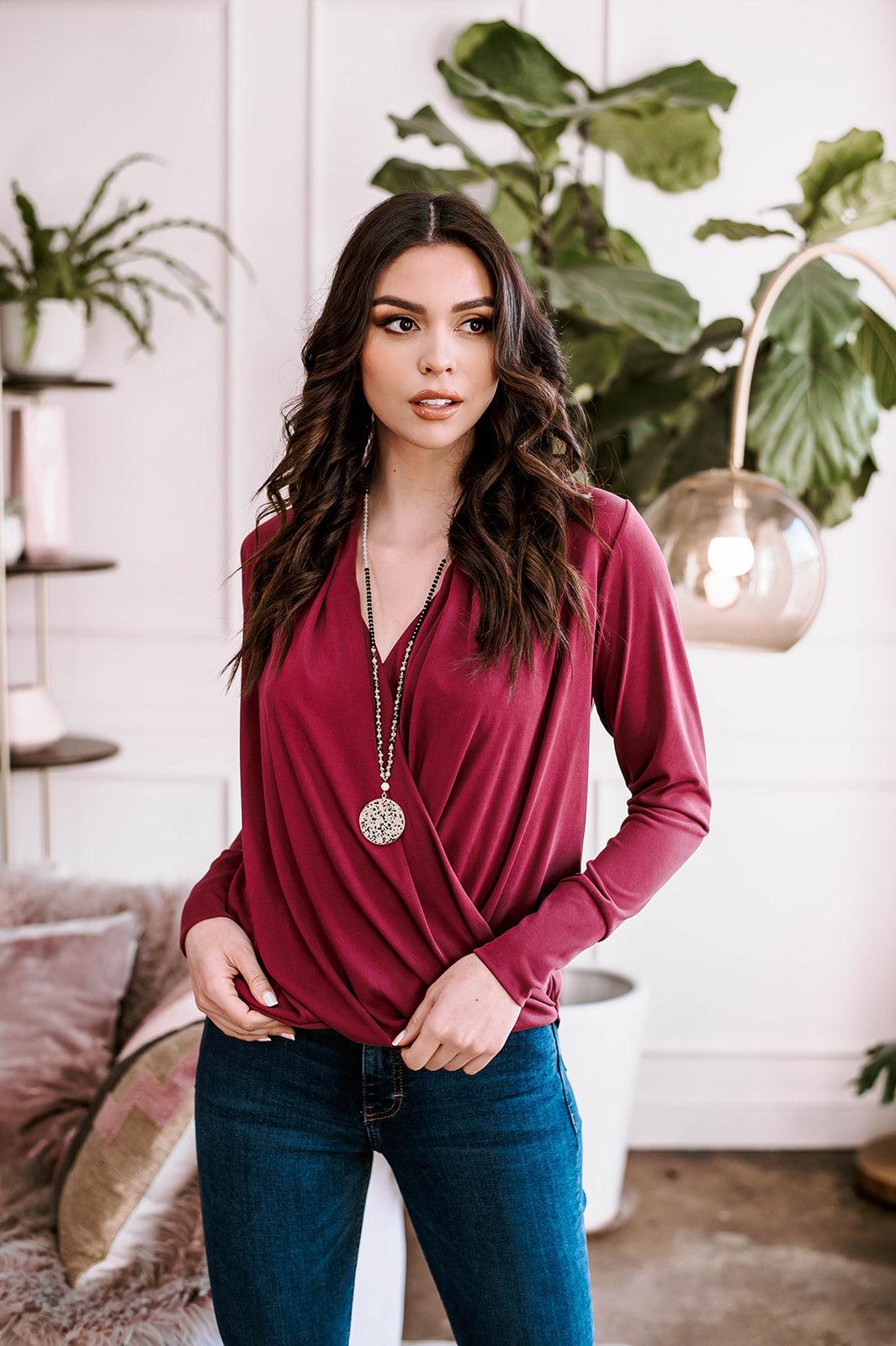 Burgundy Draped Surplice Top-BEST SELLER