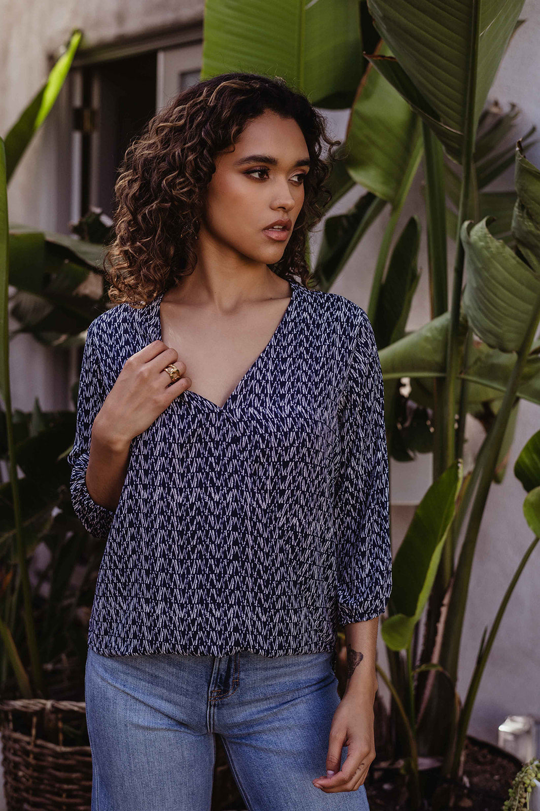 Navy and White Cynthia Surplice Blouse-FINAL SALE