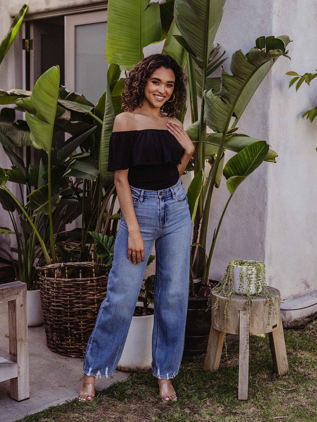 Black Stretch OTS Ruffle Bodysuit