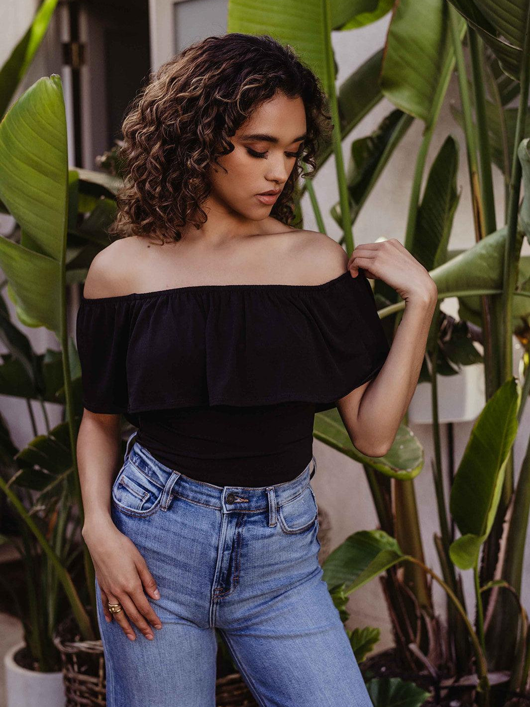 Black Stretch OTS Ruffle Bodysuit