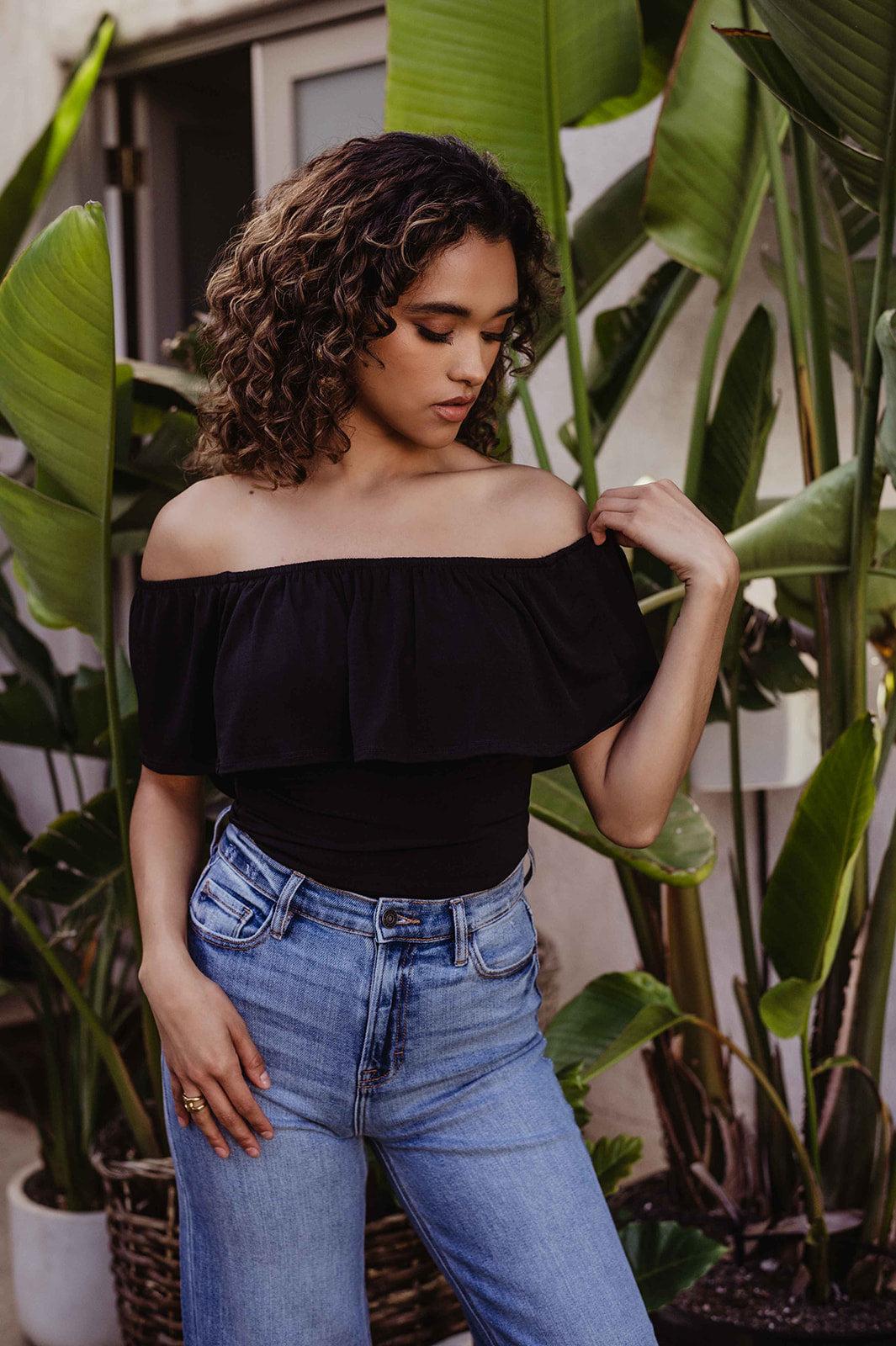 Black Stretch OTS Ruffle Bodysuit