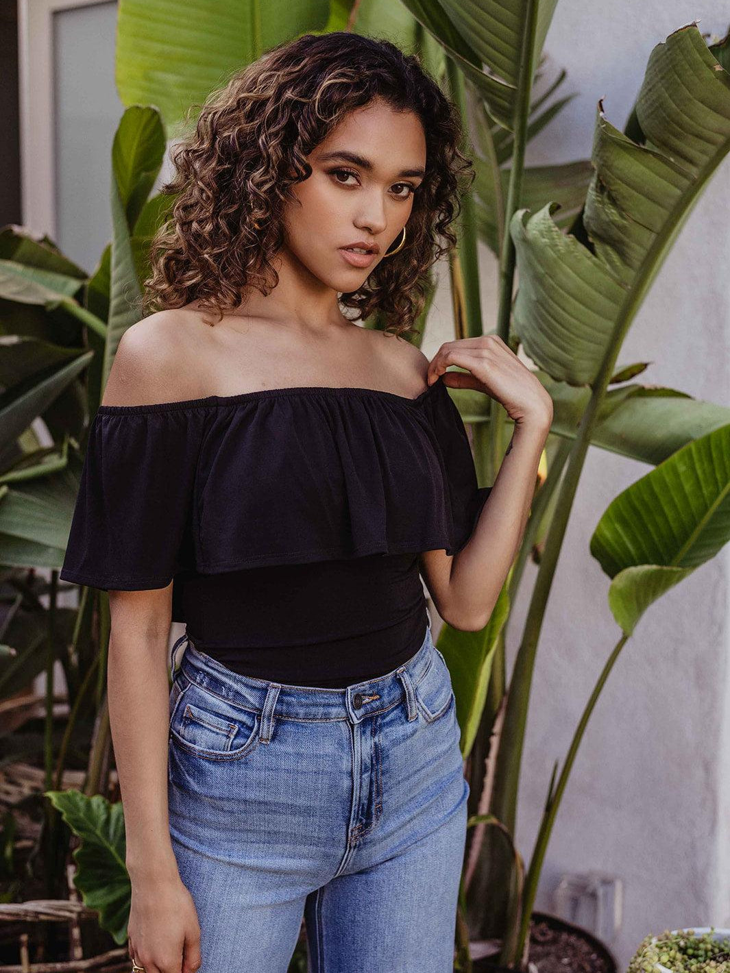 Black Stretch OTS Ruffle Bodysuit