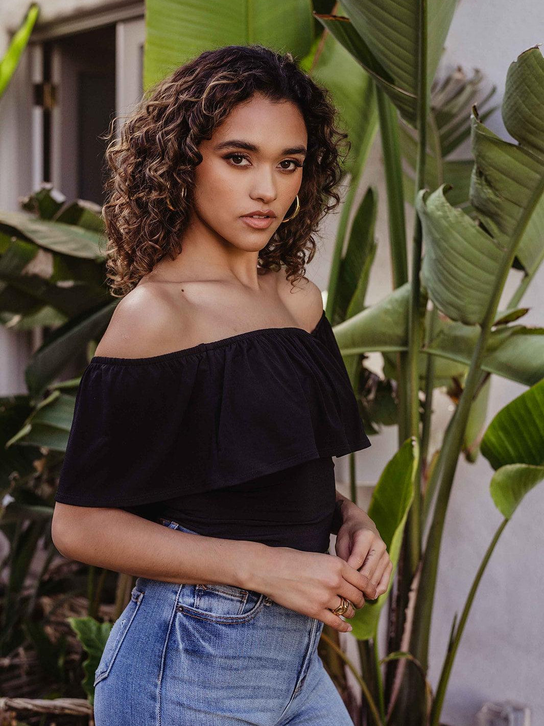 Black Stretch OTS Ruffle Bodysuit