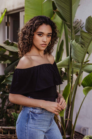 Black Stretch OTS Ruffle Bodysuit