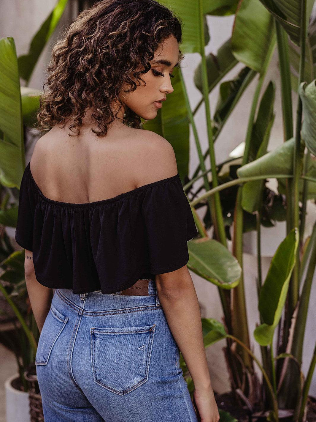 Black Stretch OTS Ruffle Bodysuit
