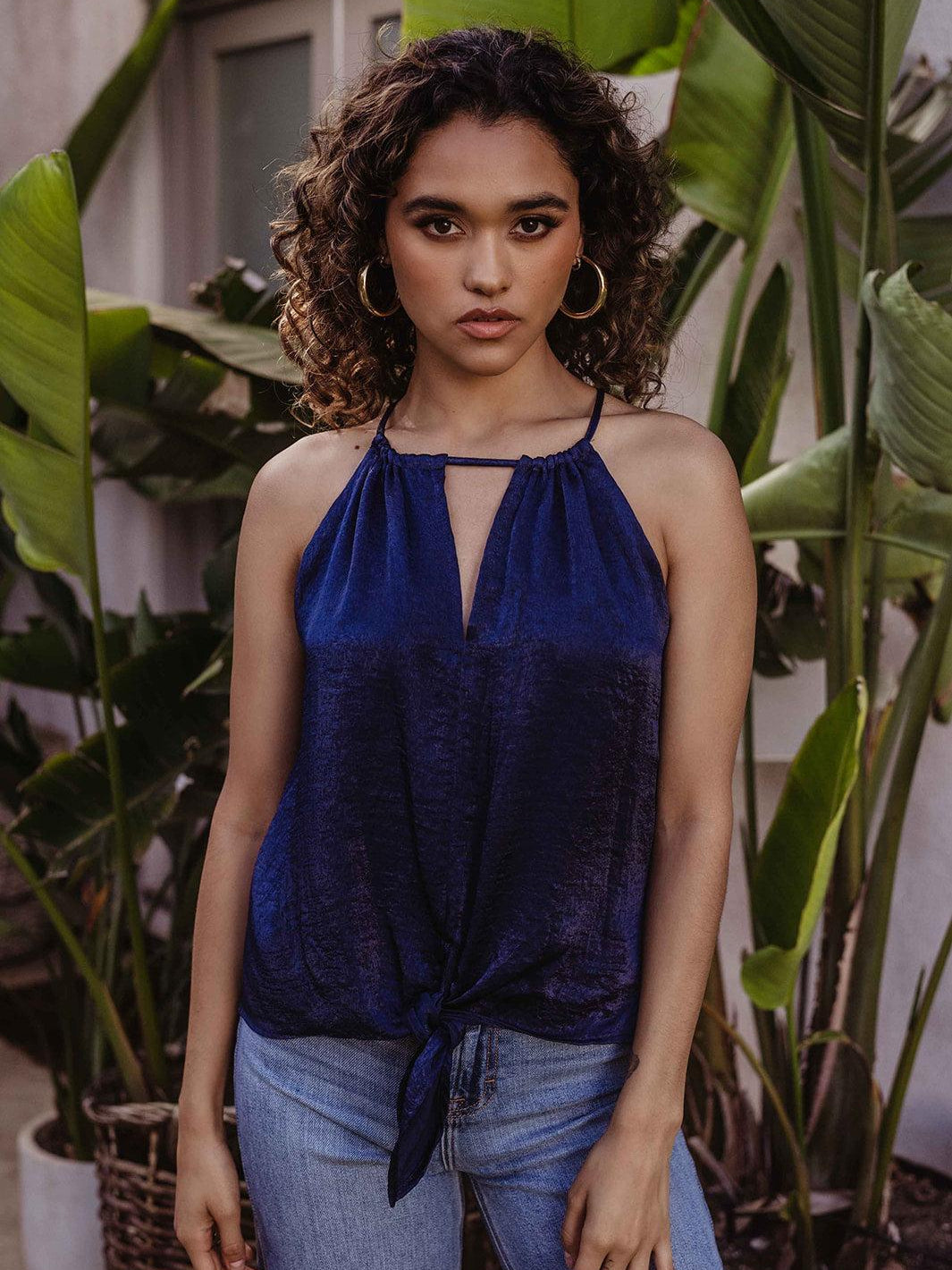 Navy Satin Front Tie Halter Blouse - FINAL SALE