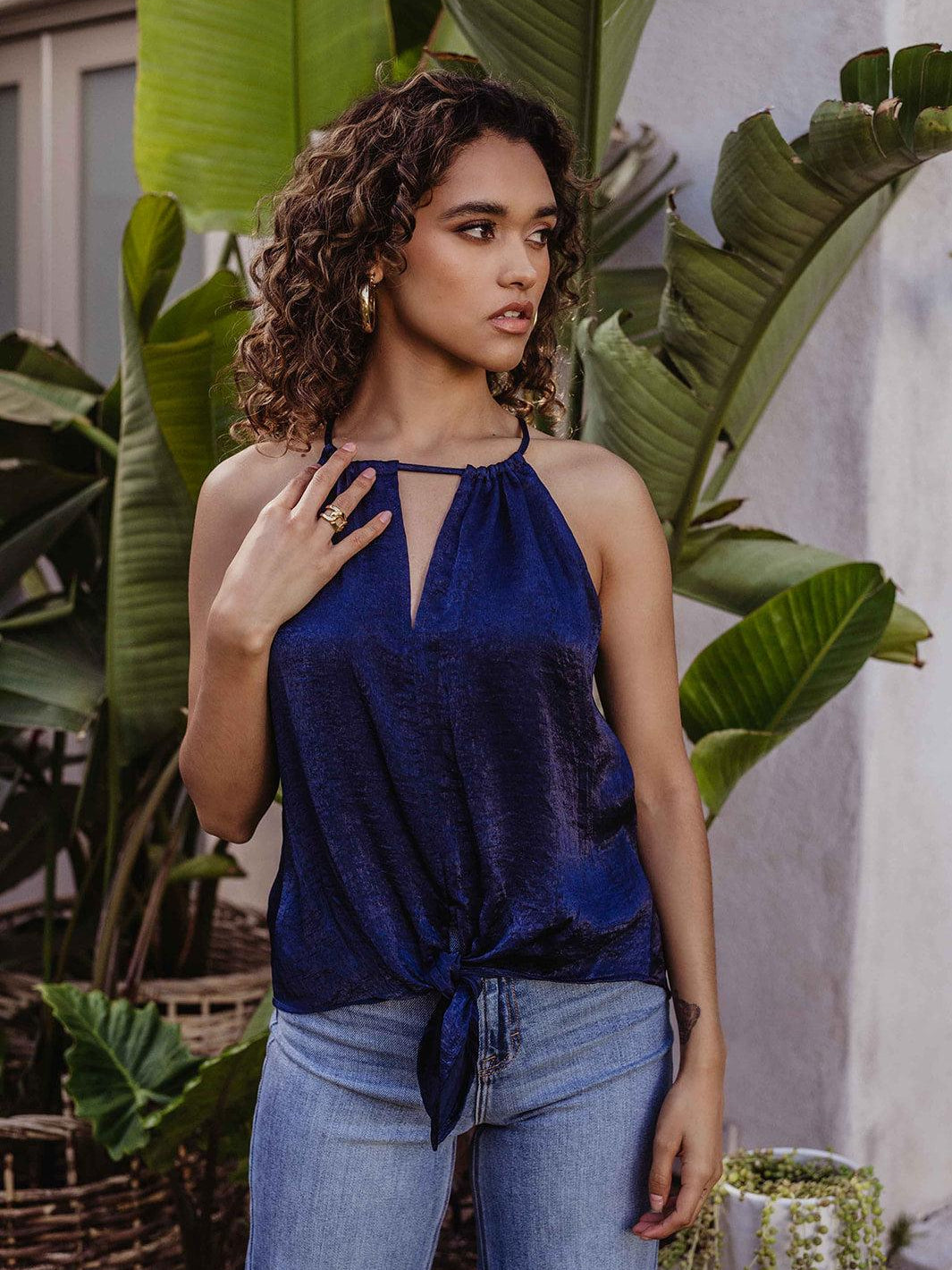 Navy Satin Front Tie Halter Blouse - FINAL SALE