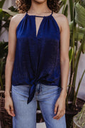 Navy Satin Front Tie Halter Blouse - FINAL SALE