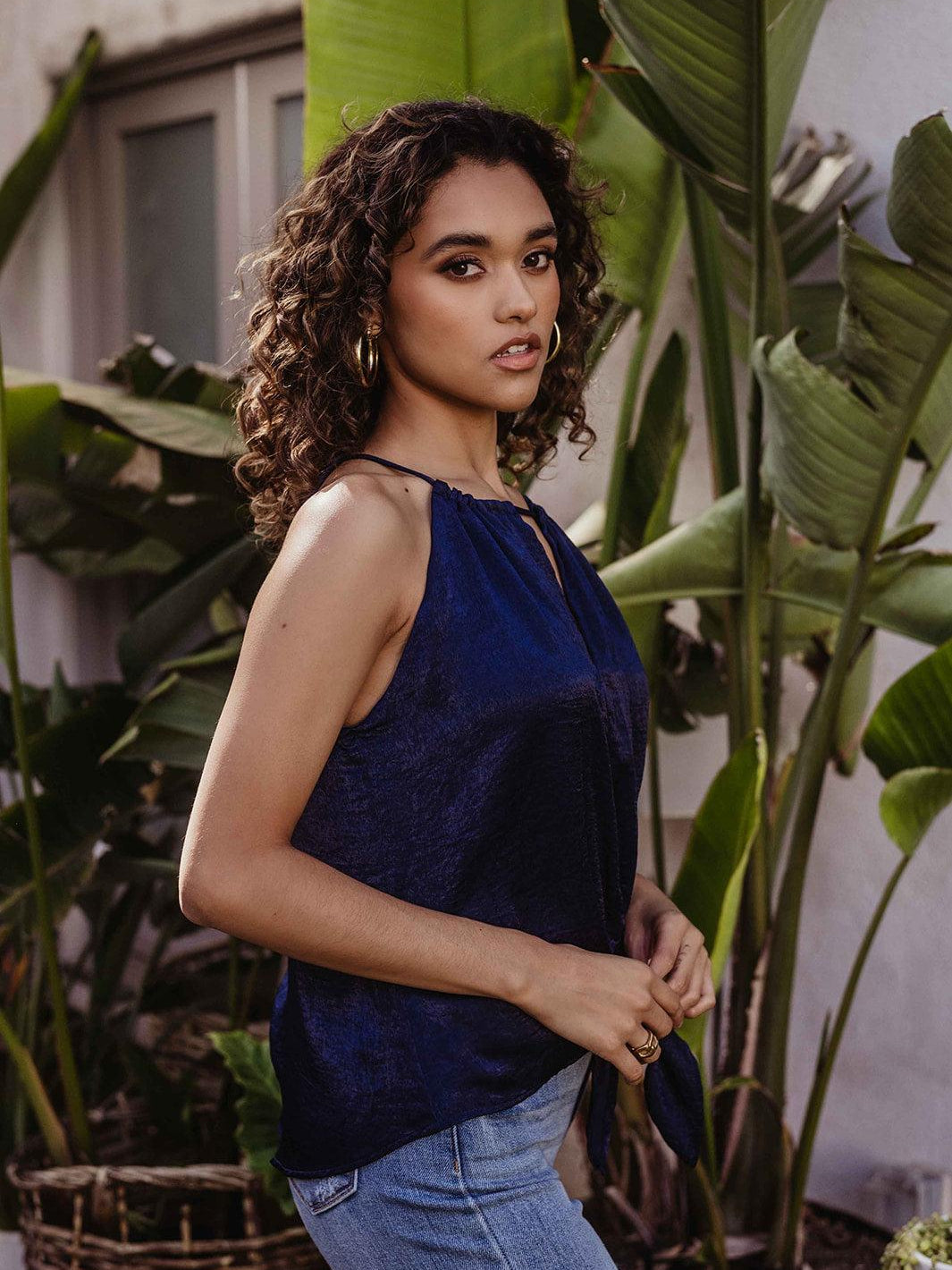 Navy Satin Front Tie Halter Blouse - FINAL SALE