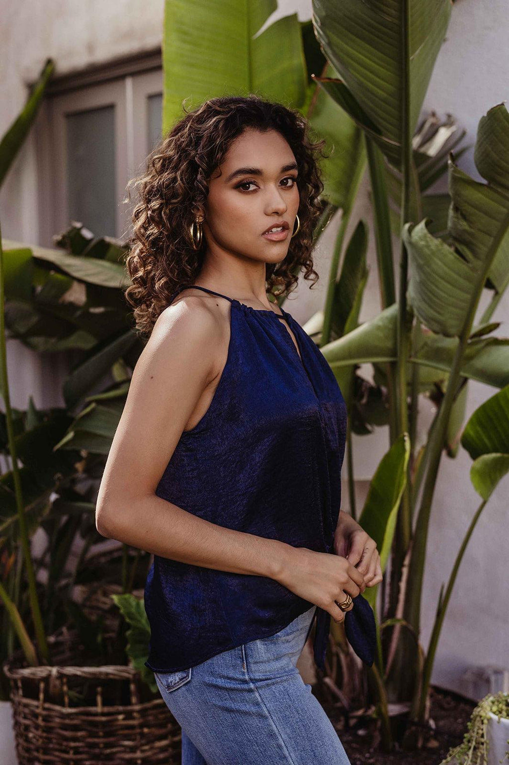 Navy Satin Front Tie Halter Blouse - FINAL SALE