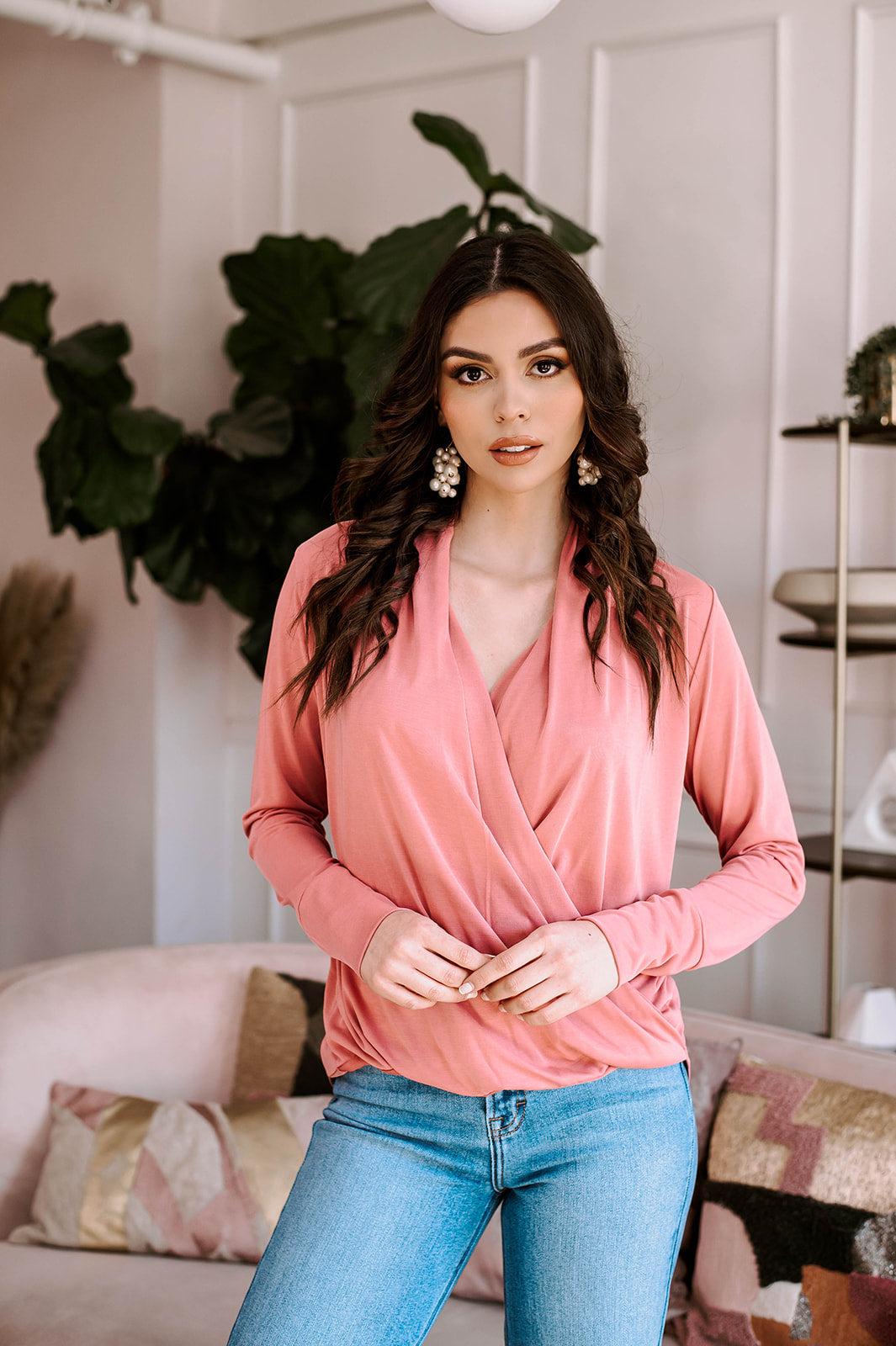 Light Marsala Cupro Draped Surplice Top-BEST SELLER