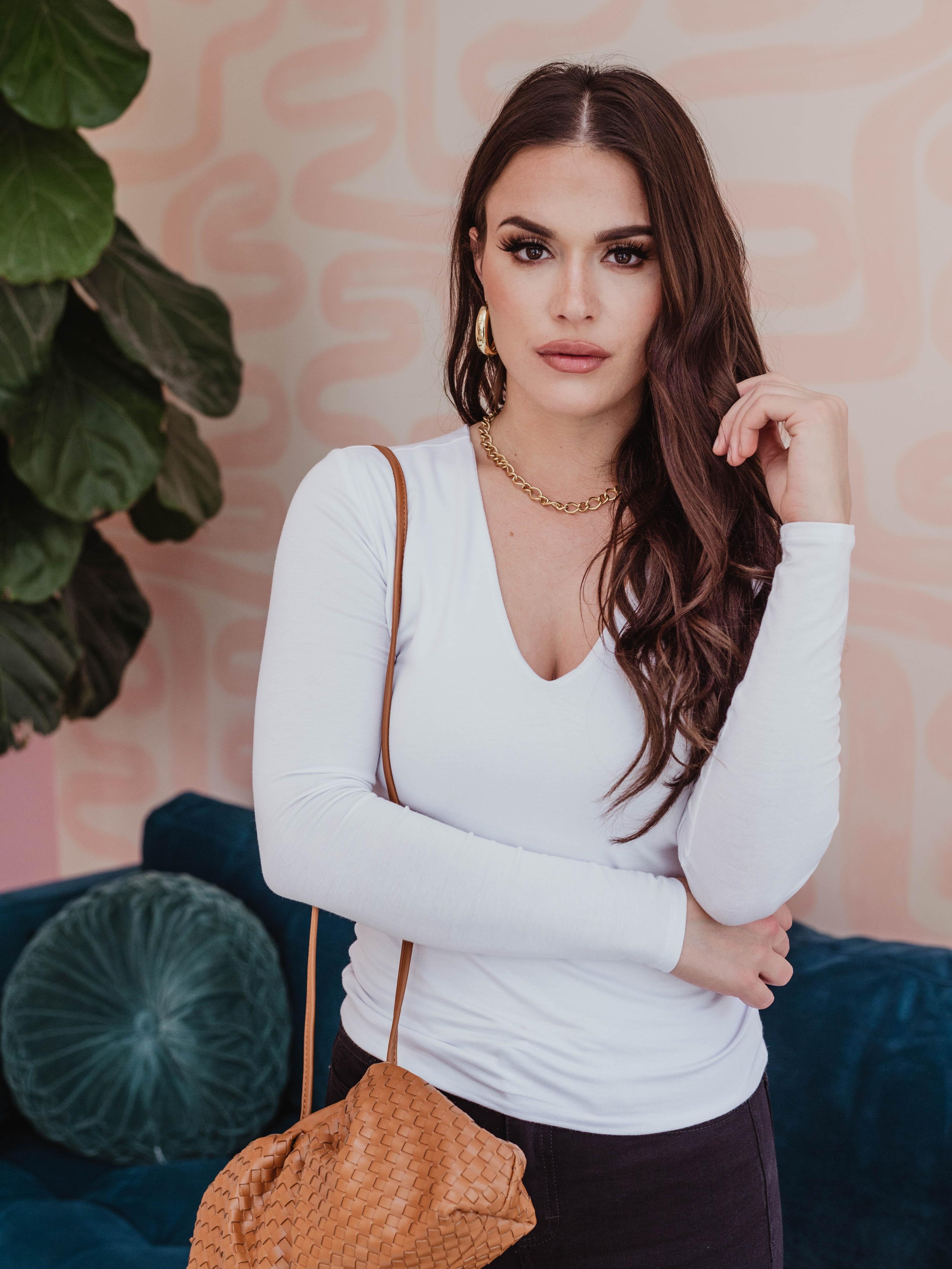 White Lined V-Neck Top-BEST SELLER