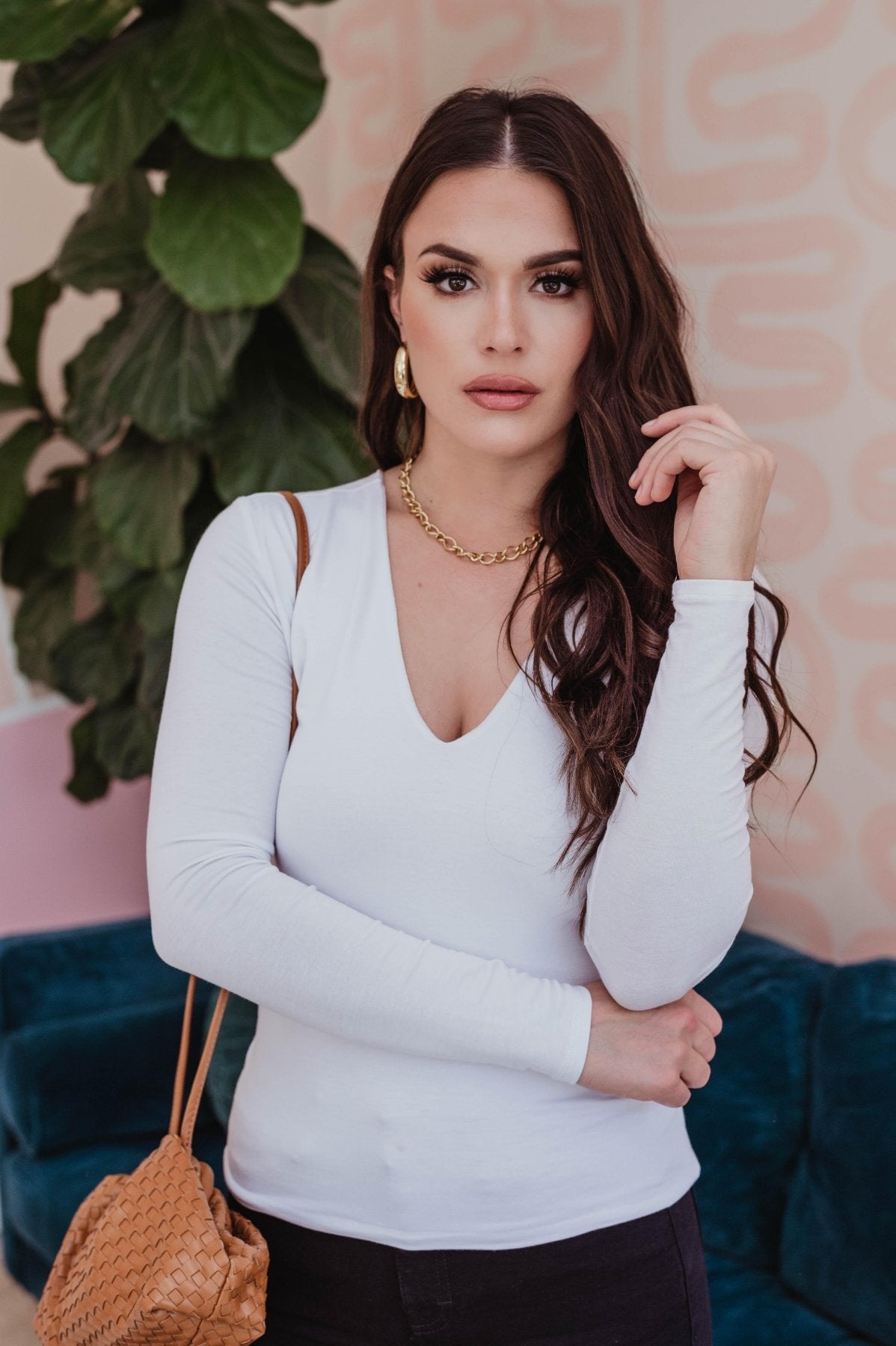 White Lined V-Neck Top-BEST SELLER