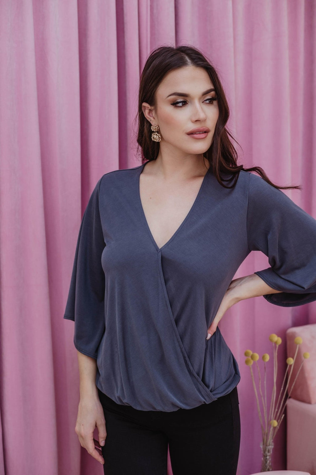 Navy Cupro Surplice Top-FINAL SALE