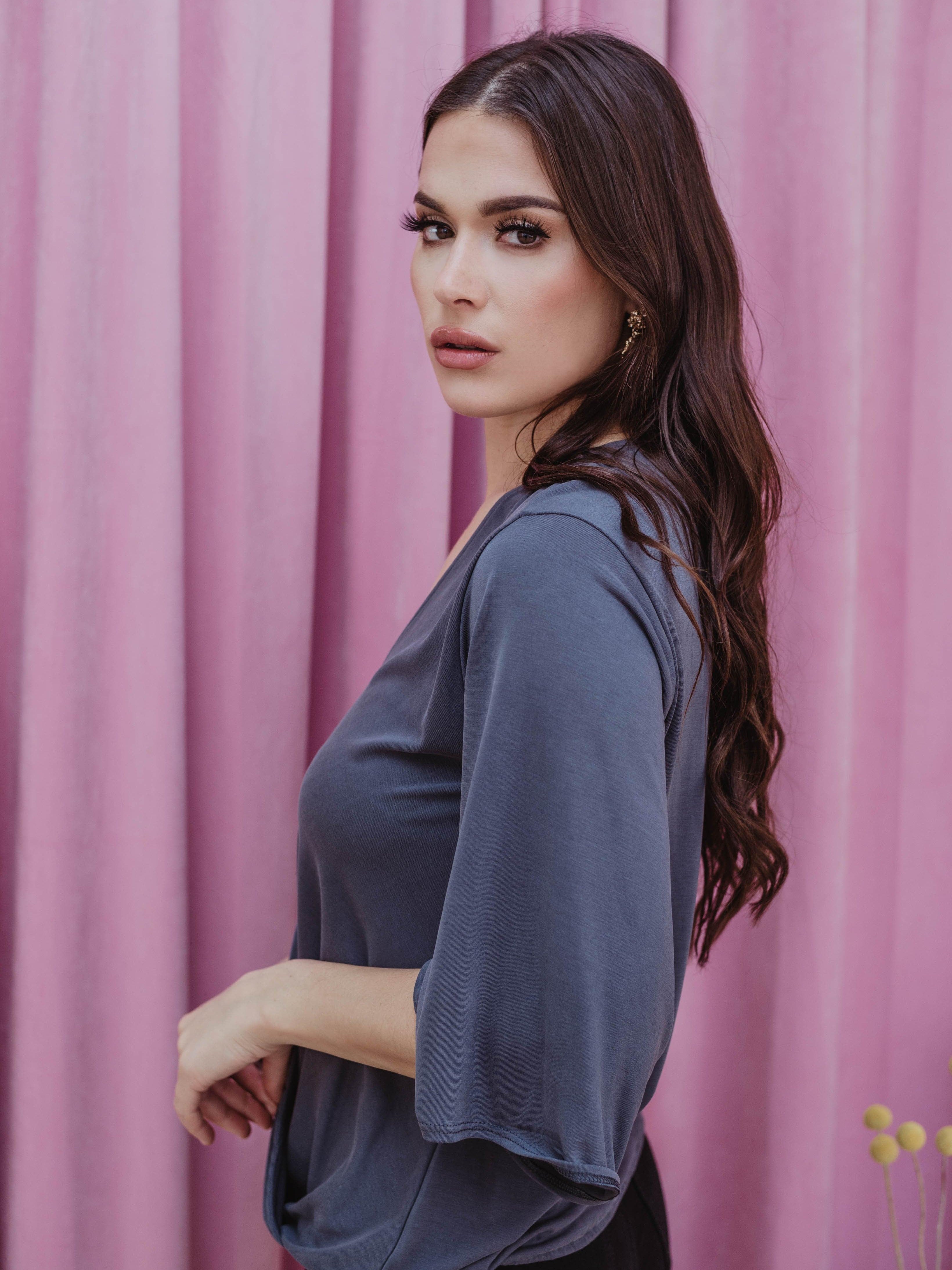 Navy Cupro Surplice Top-FINAL SALE