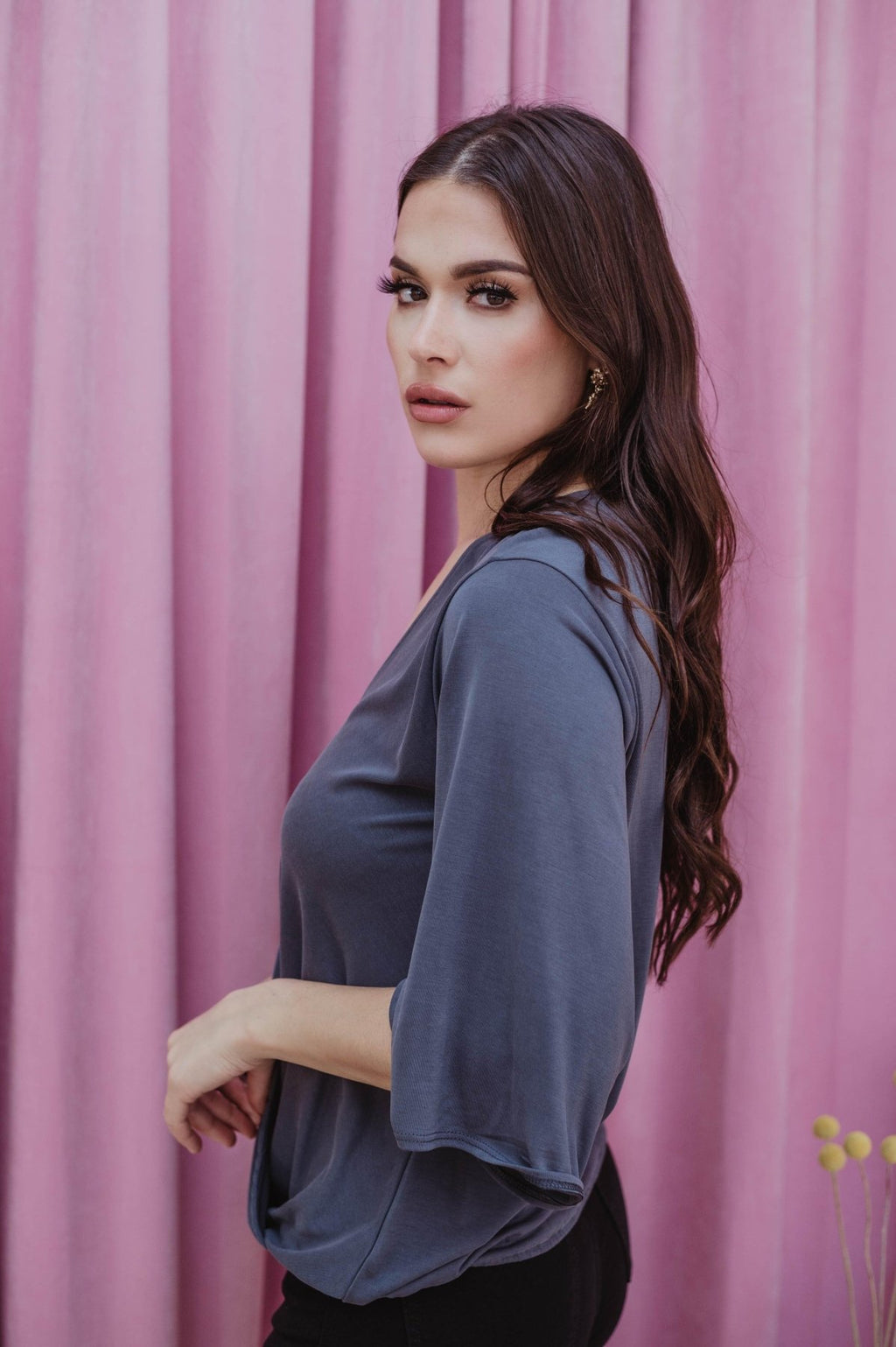 Navy Cupro Surplice Top-FINAL SALE