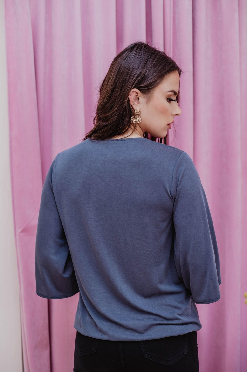 Navy Cupro Surplice Top-FINAL SALE