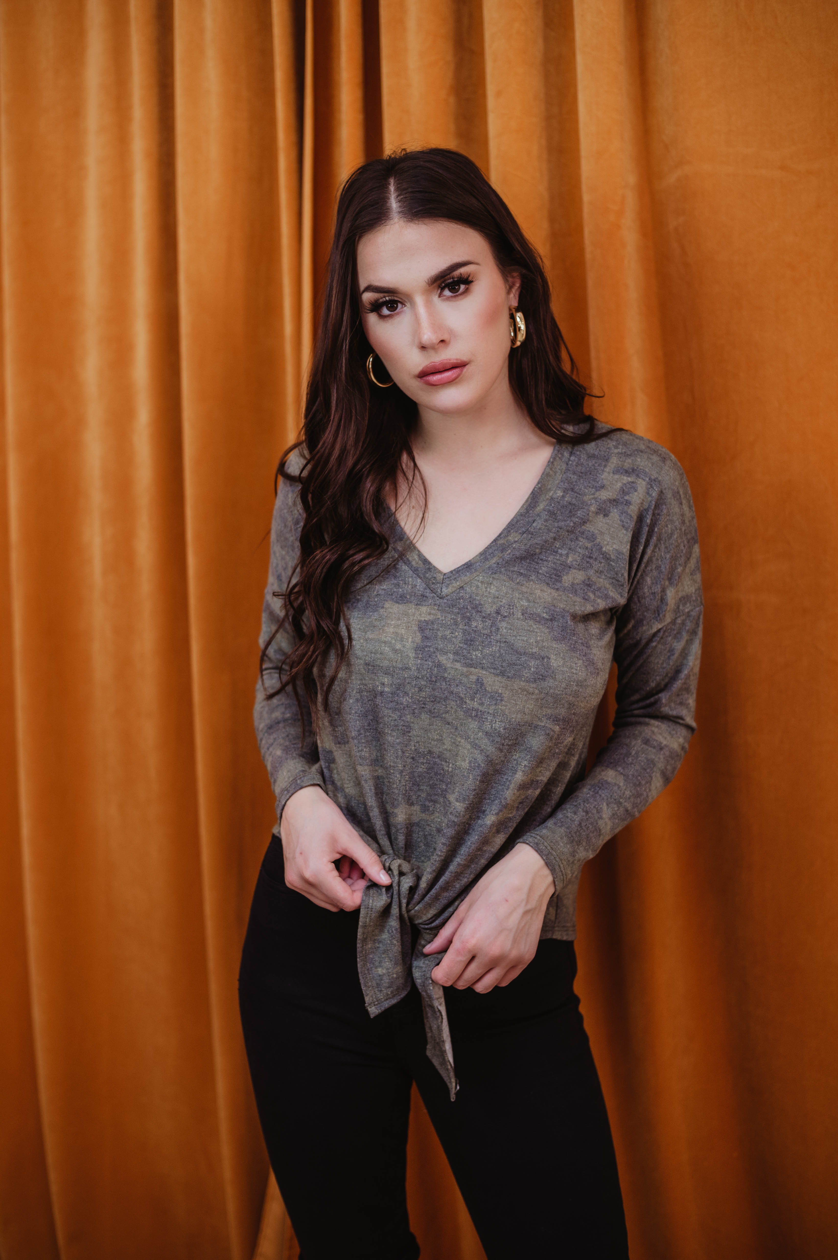 Long Sleeve Top with Tie - Military Camo - FINAL SALE