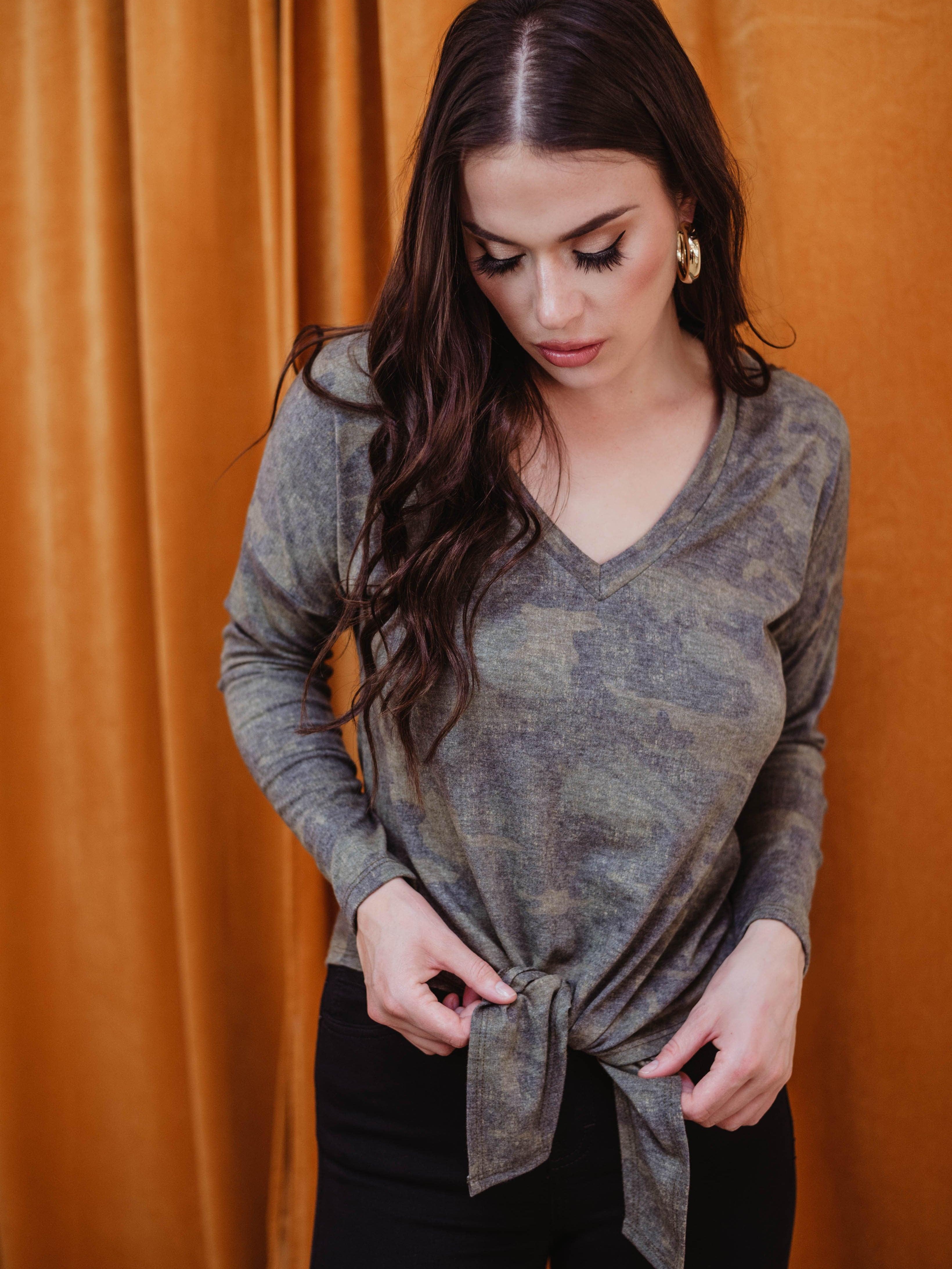 Long Sleeve Top with Tie - Military Camo - FINAL SALE