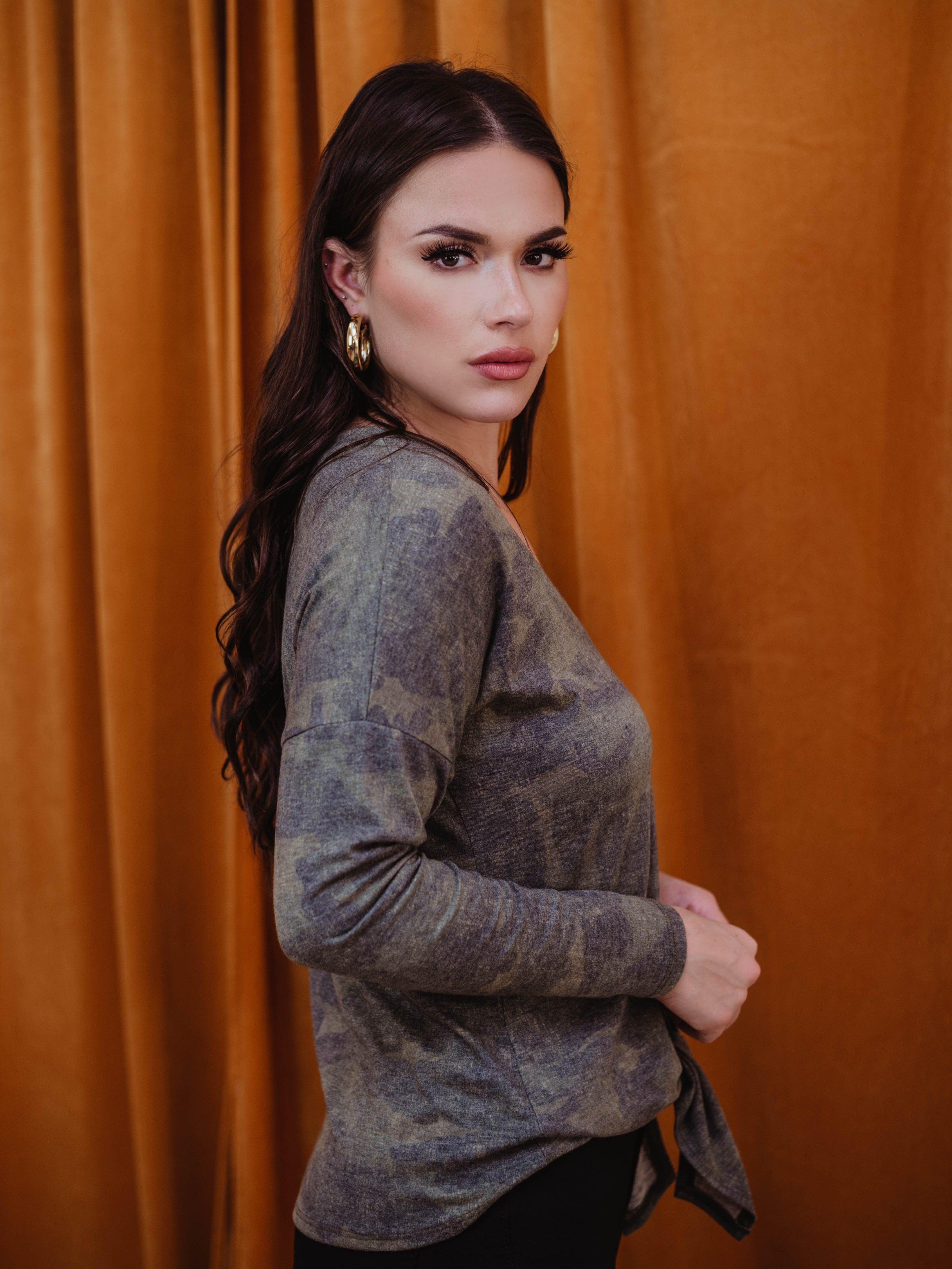 Long Sleeve Top with Tie - Military Camo - FINAL SALE