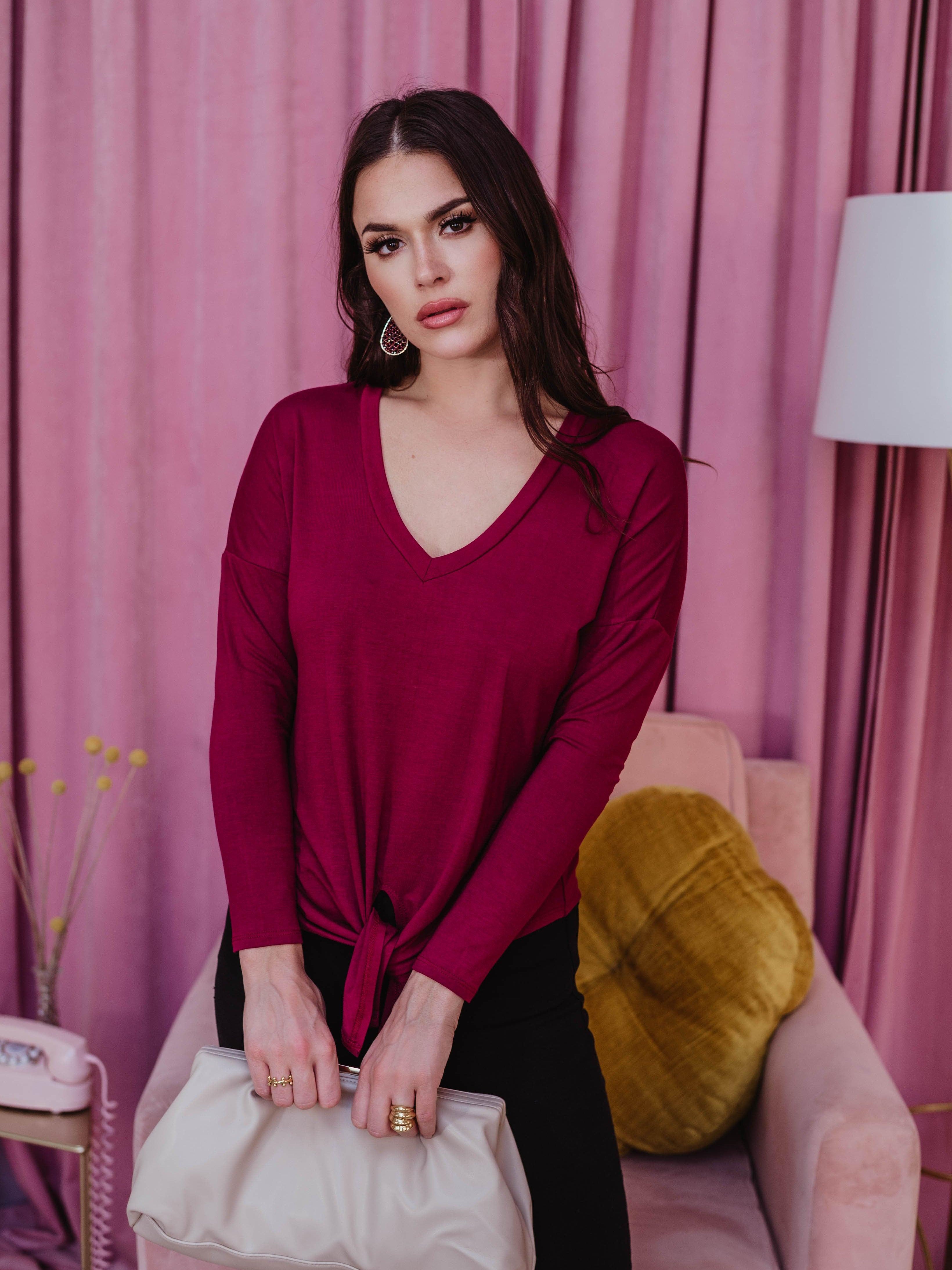 Long Sleeve Top with Tie - Burgundy - FINAL SALE