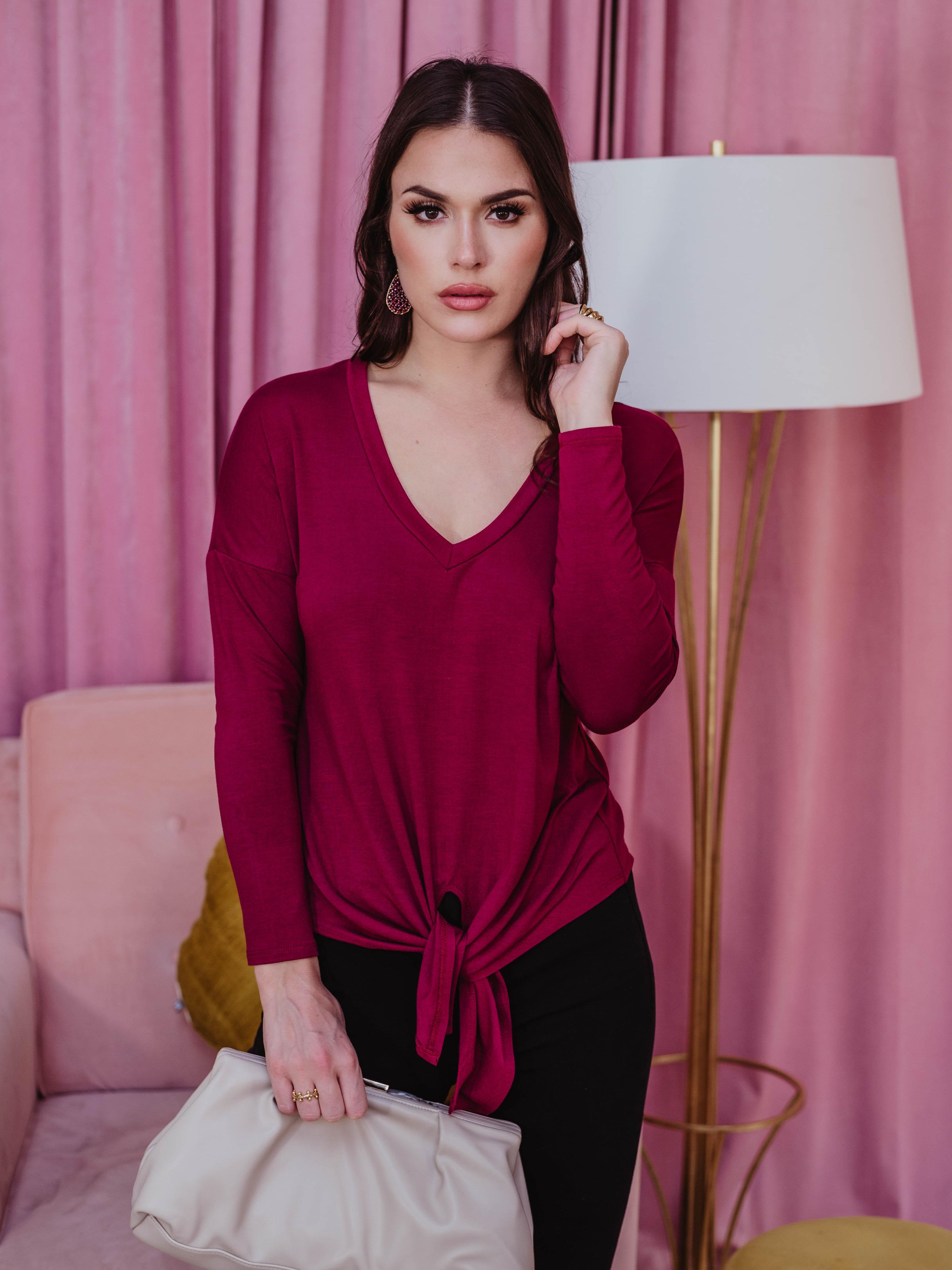 Long Sleeve Top with Tie - Burgundy - FINAL SALE