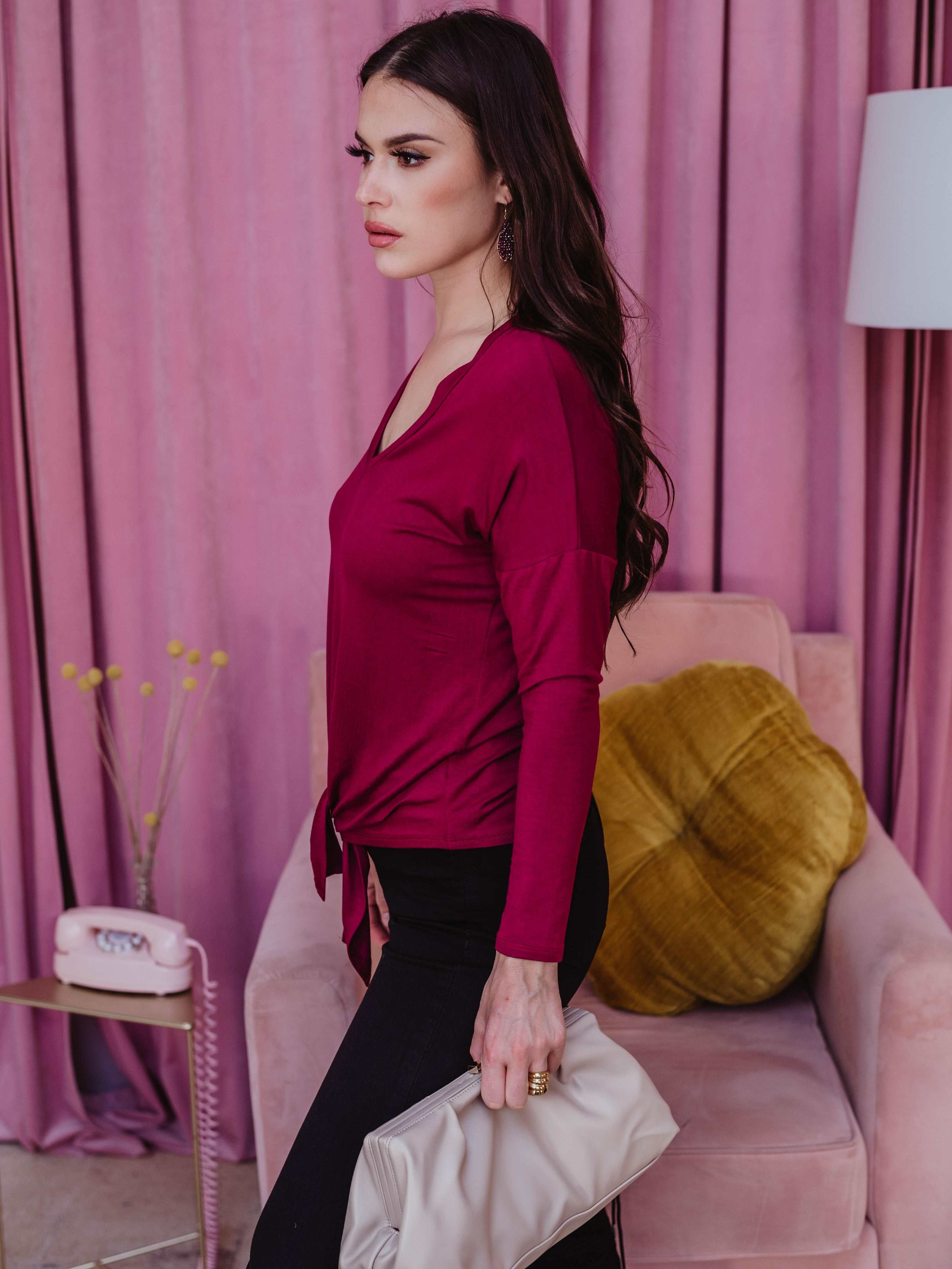 Long Sleeve Top with Tie - Burgundy - FINAL SALE
