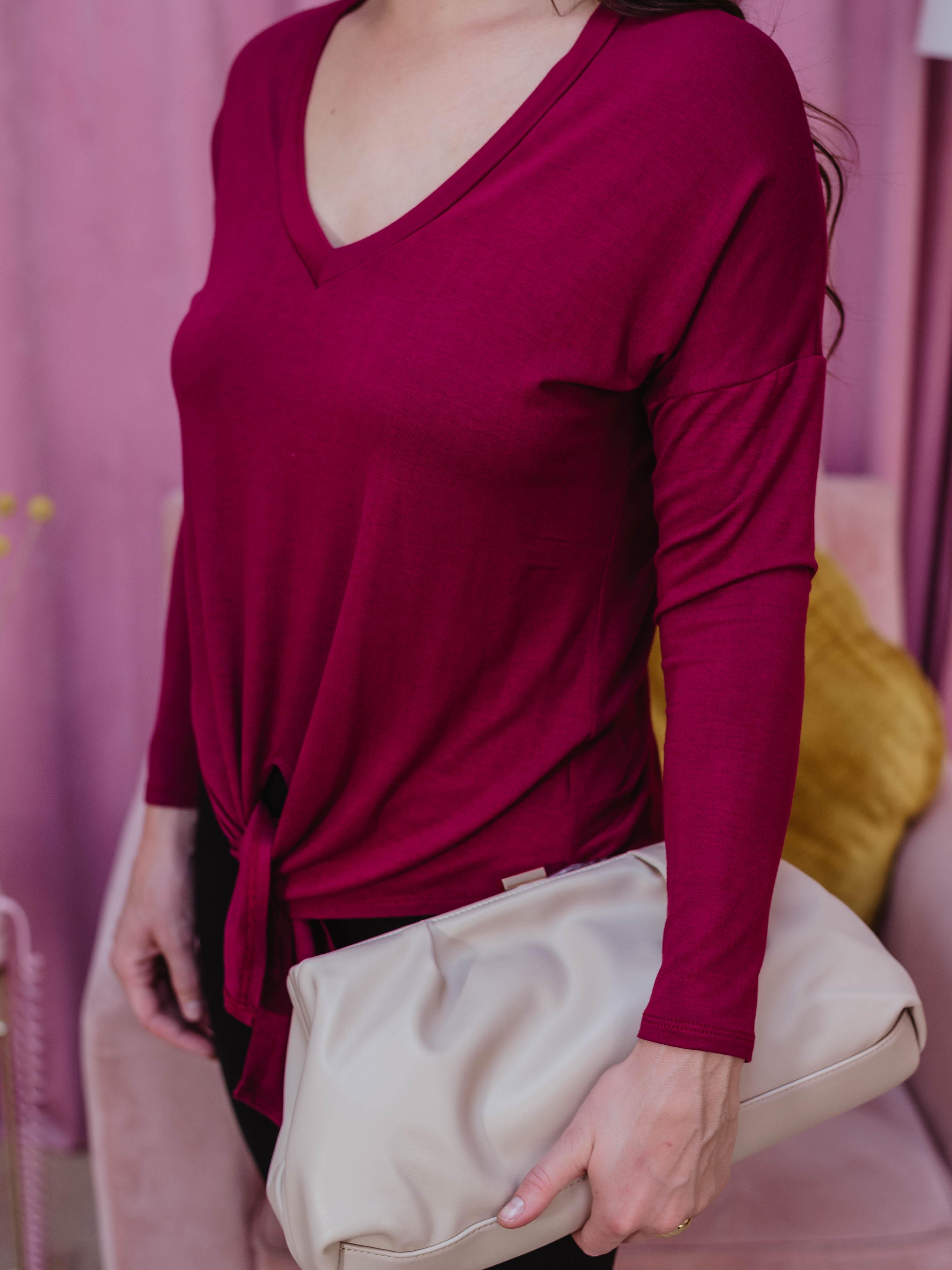 Long Sleeve Top with Tie - Burgundy - FINAL SALE