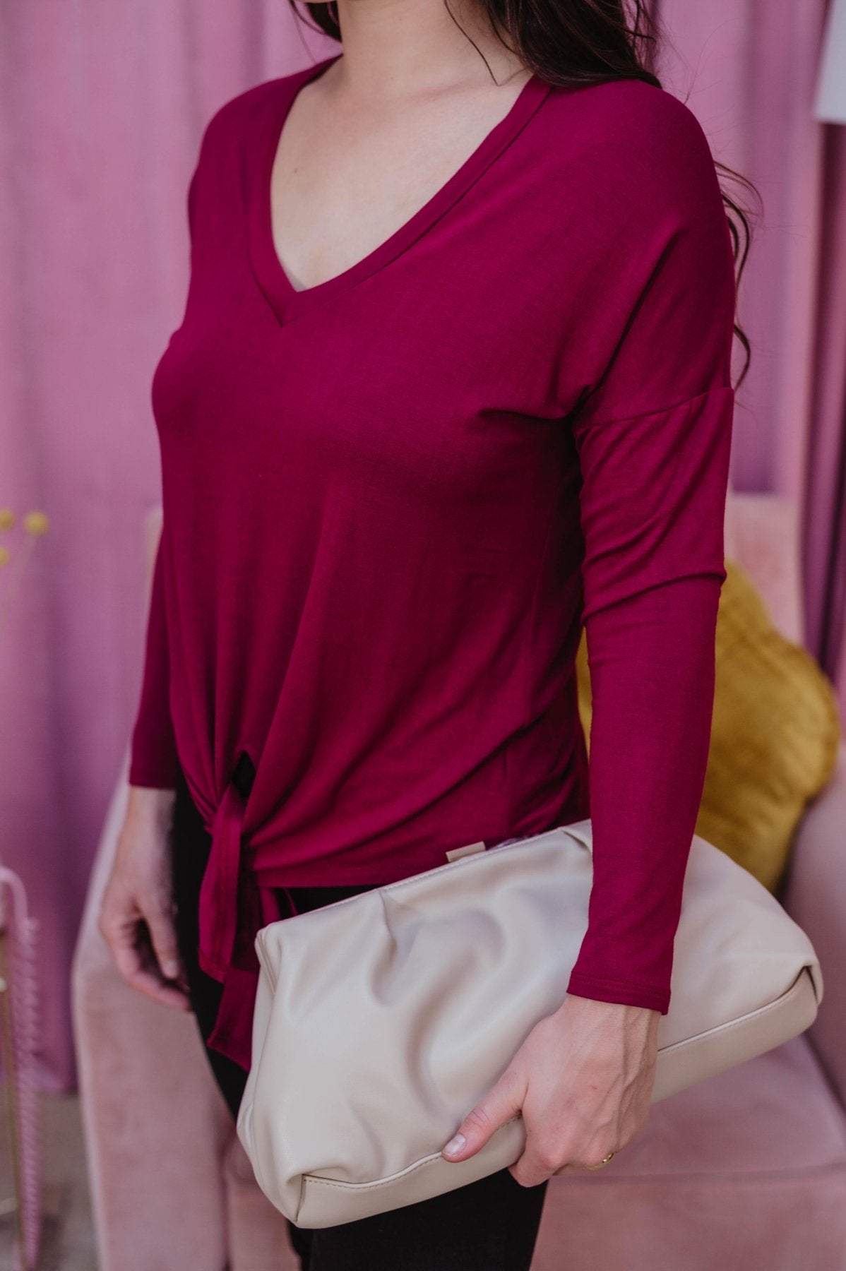 Long Sleeve Top with Tie - Burgundy - FINAL SALE