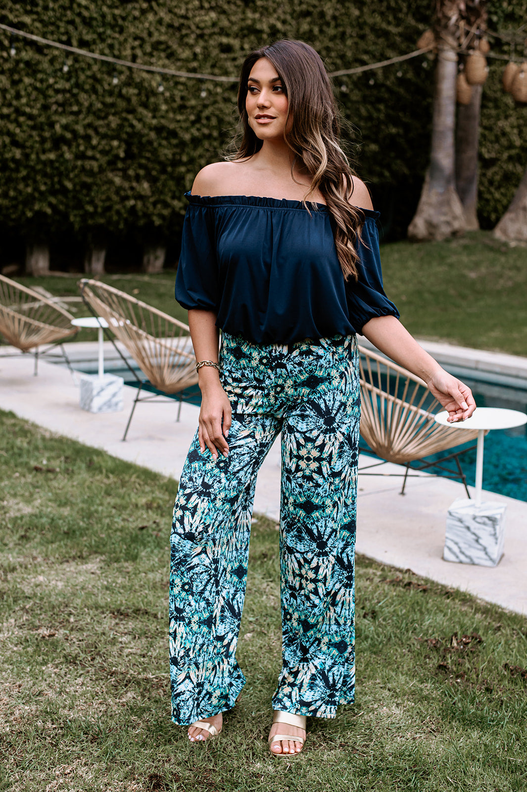 Navy Off the Shoulder Mom Cropped Top