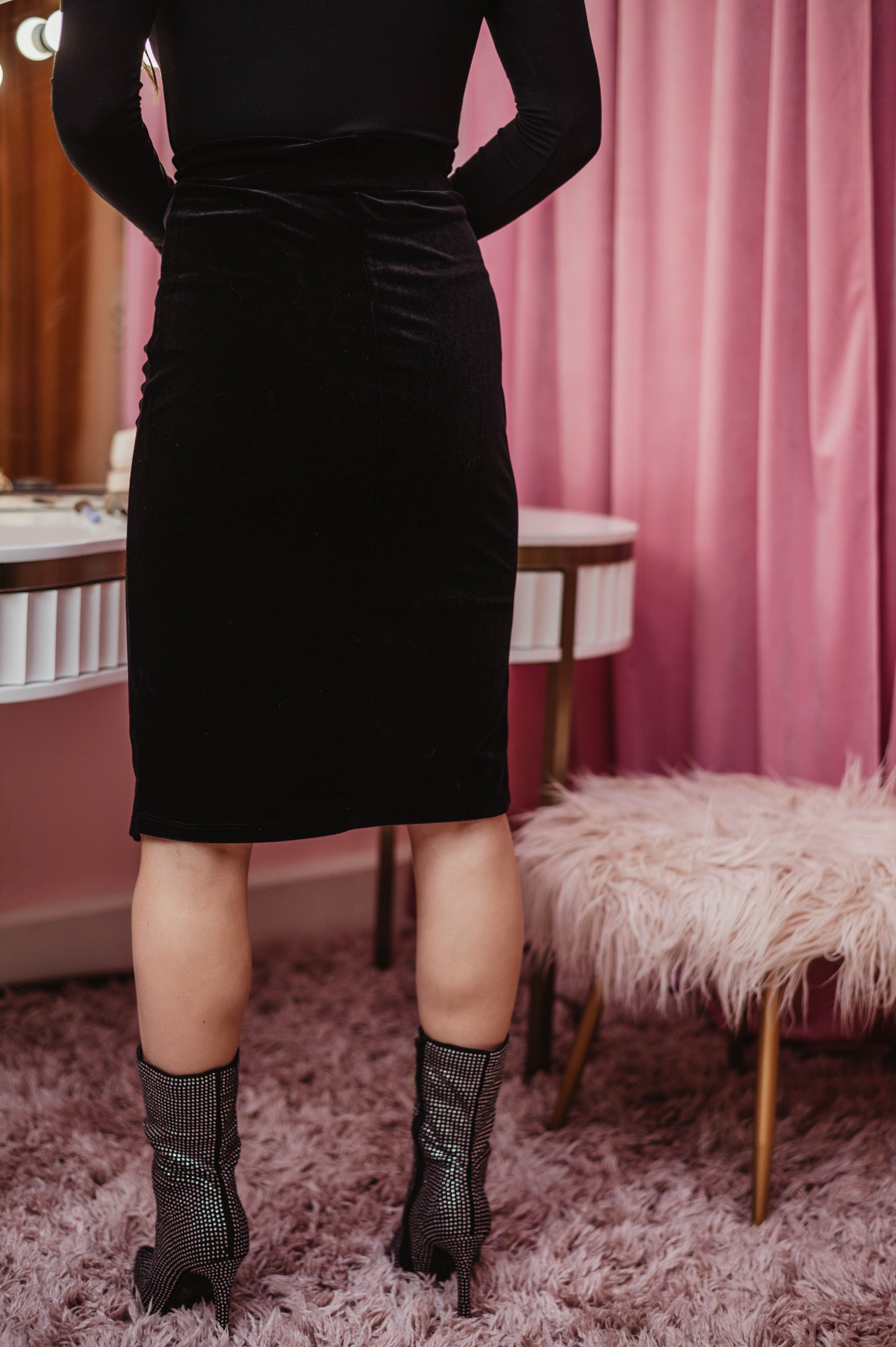 Black Velvet Shirred Skirt- FINAL SALE