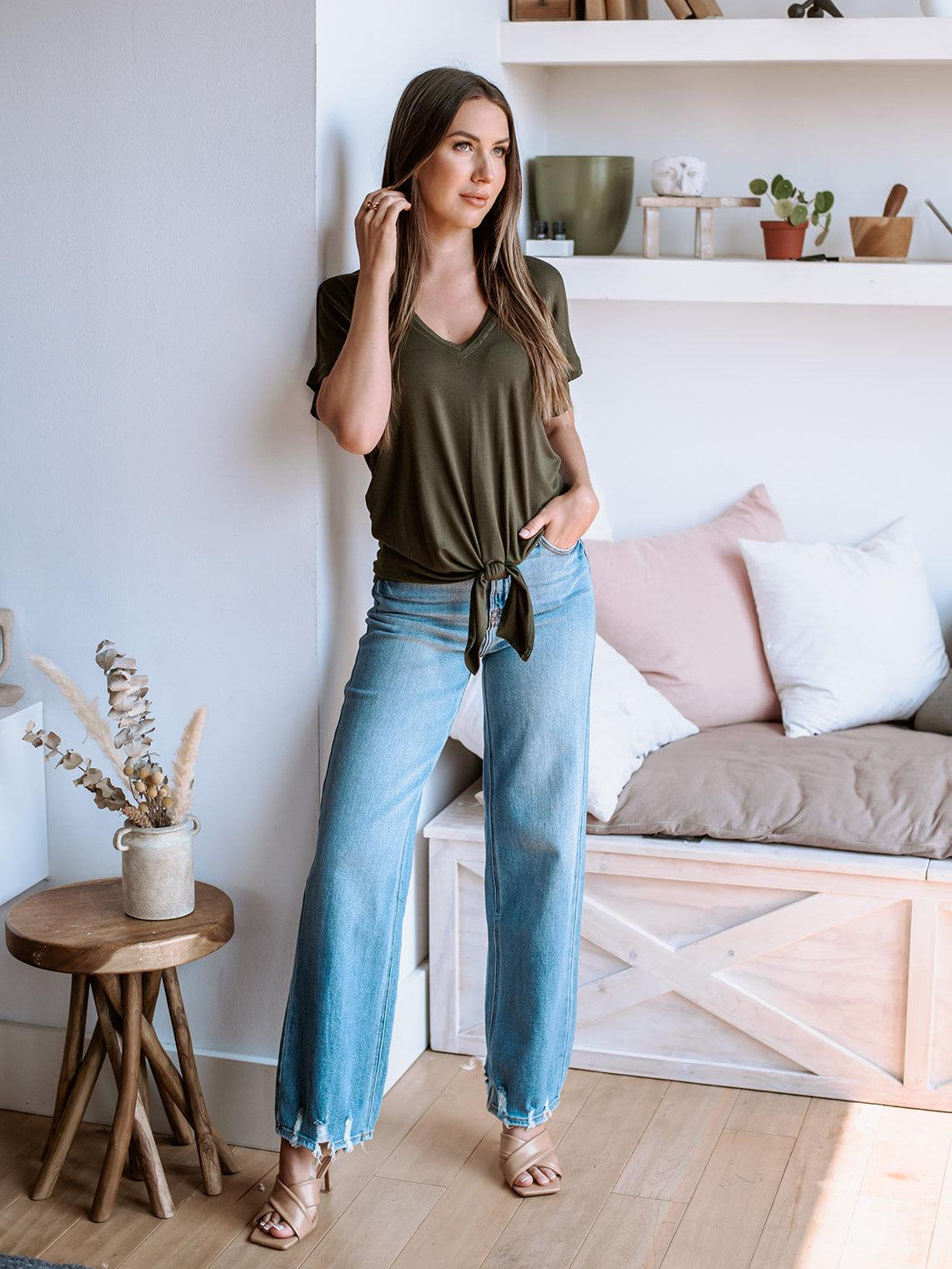 Olive Green Tee with Front Tie-FINAL SALE