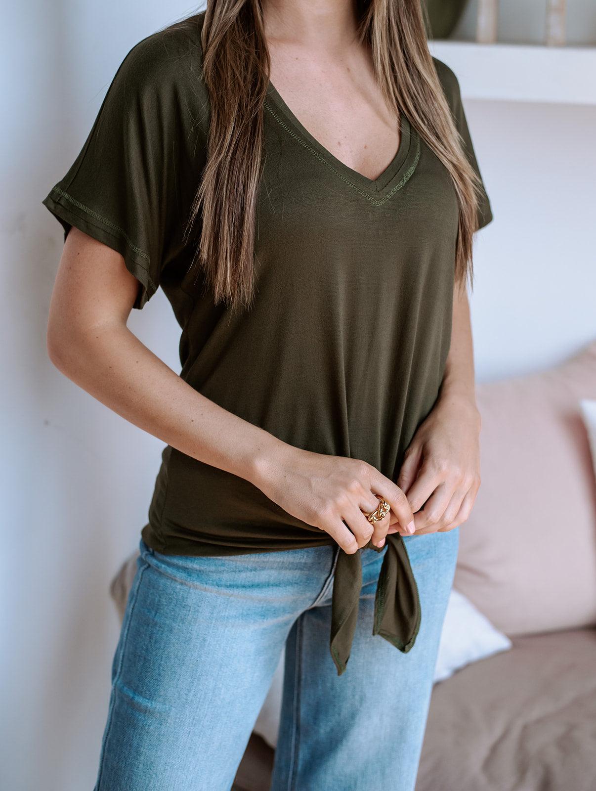 Olive Green Tee with Front Tie-FINAL SALE