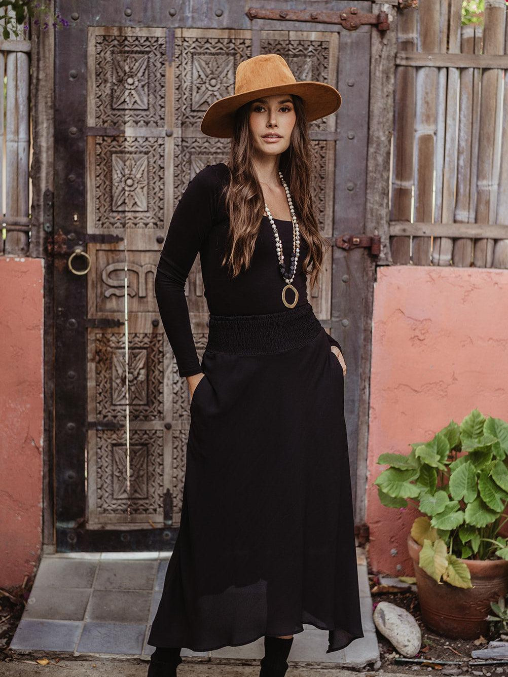 Black Smocked Bias Skirt with Pockets
