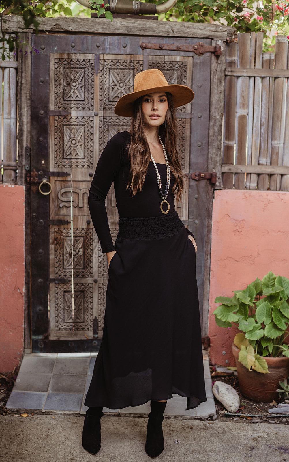 Black Smocked Bias Skirt with Pockets