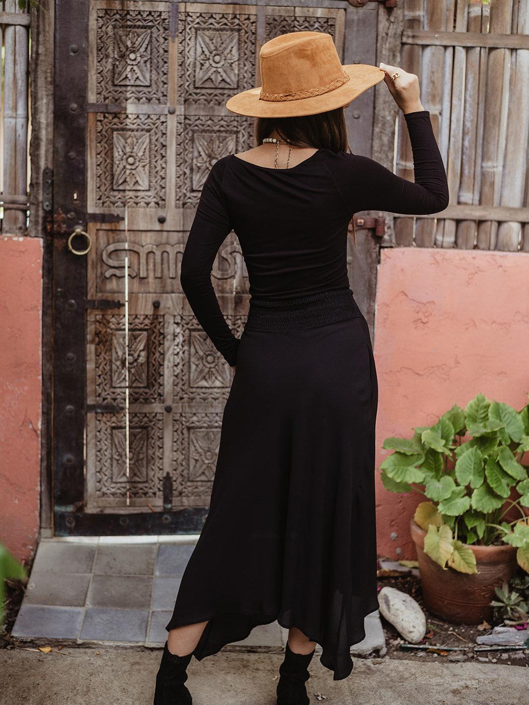 Black Smocked Bias Skirt with Pockets