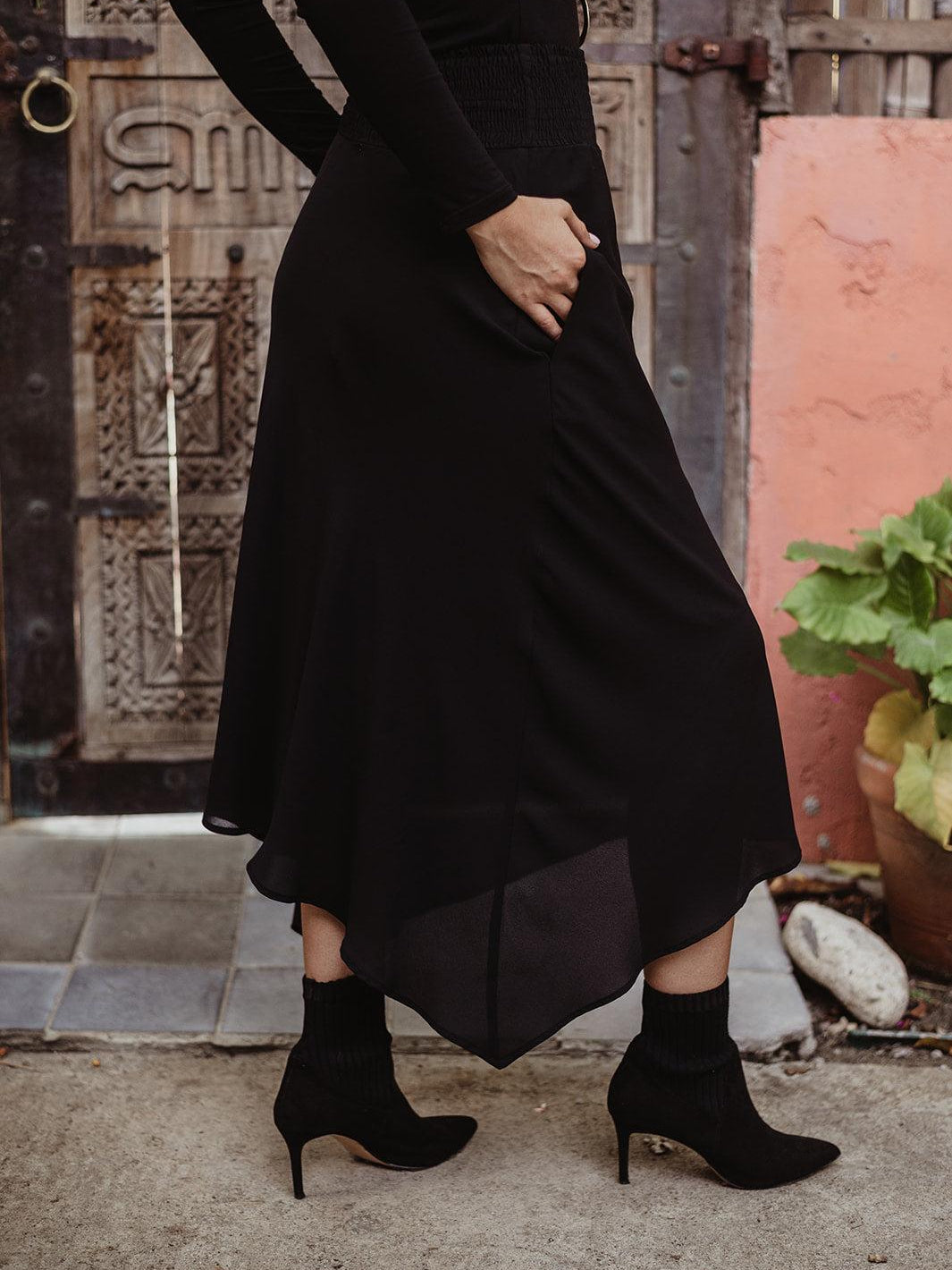 Black Smocked Bias Skirt with Pockets