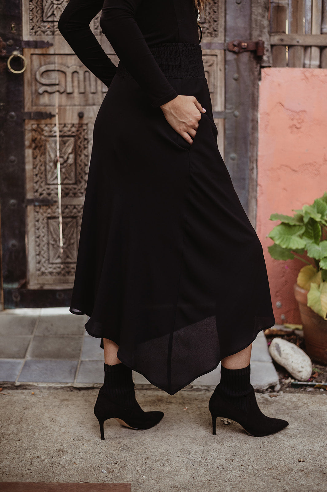 Black Smocked Bias Skirt with Pockets