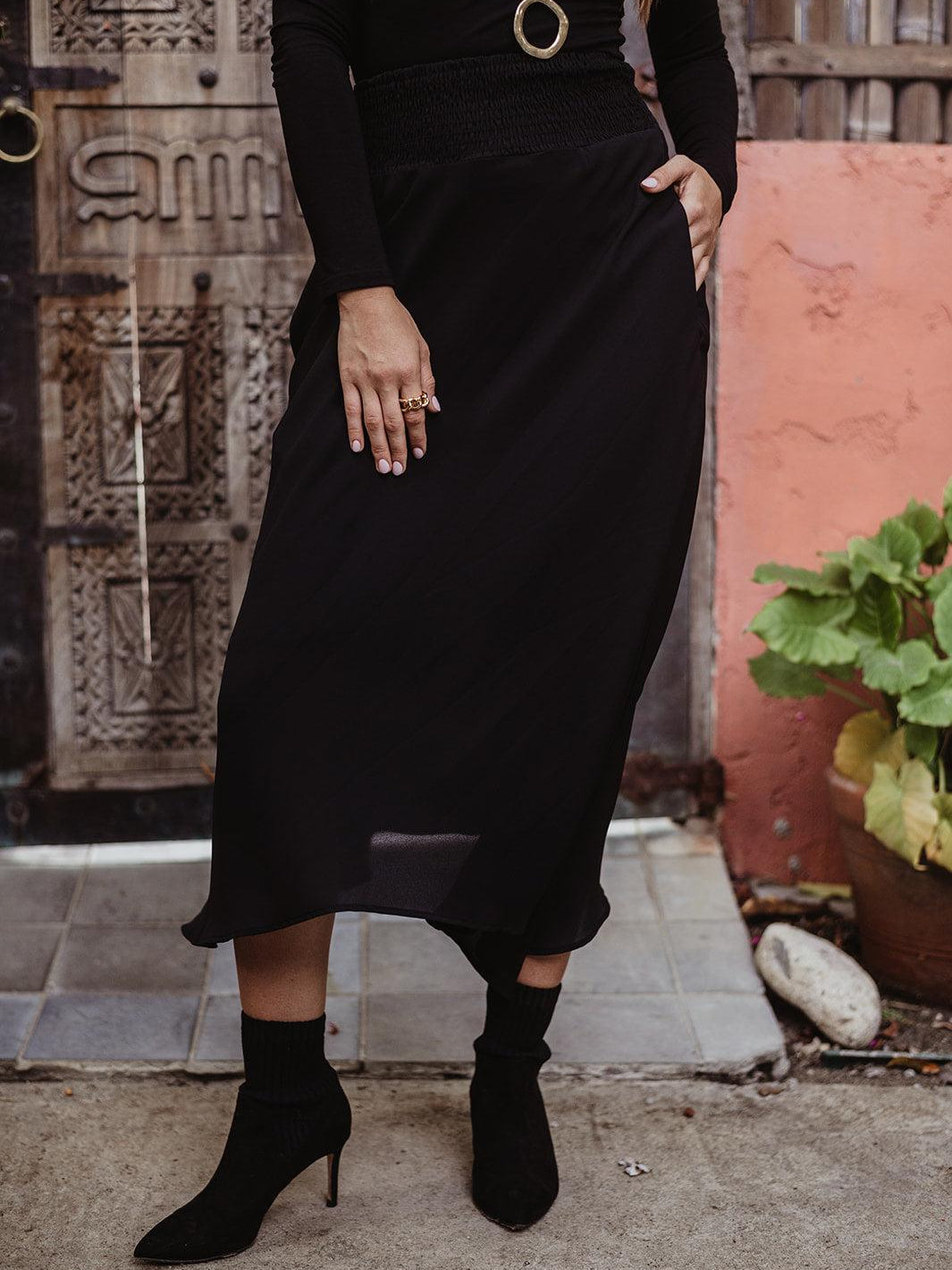 Black Smocked Bias Skirt with Pockets
