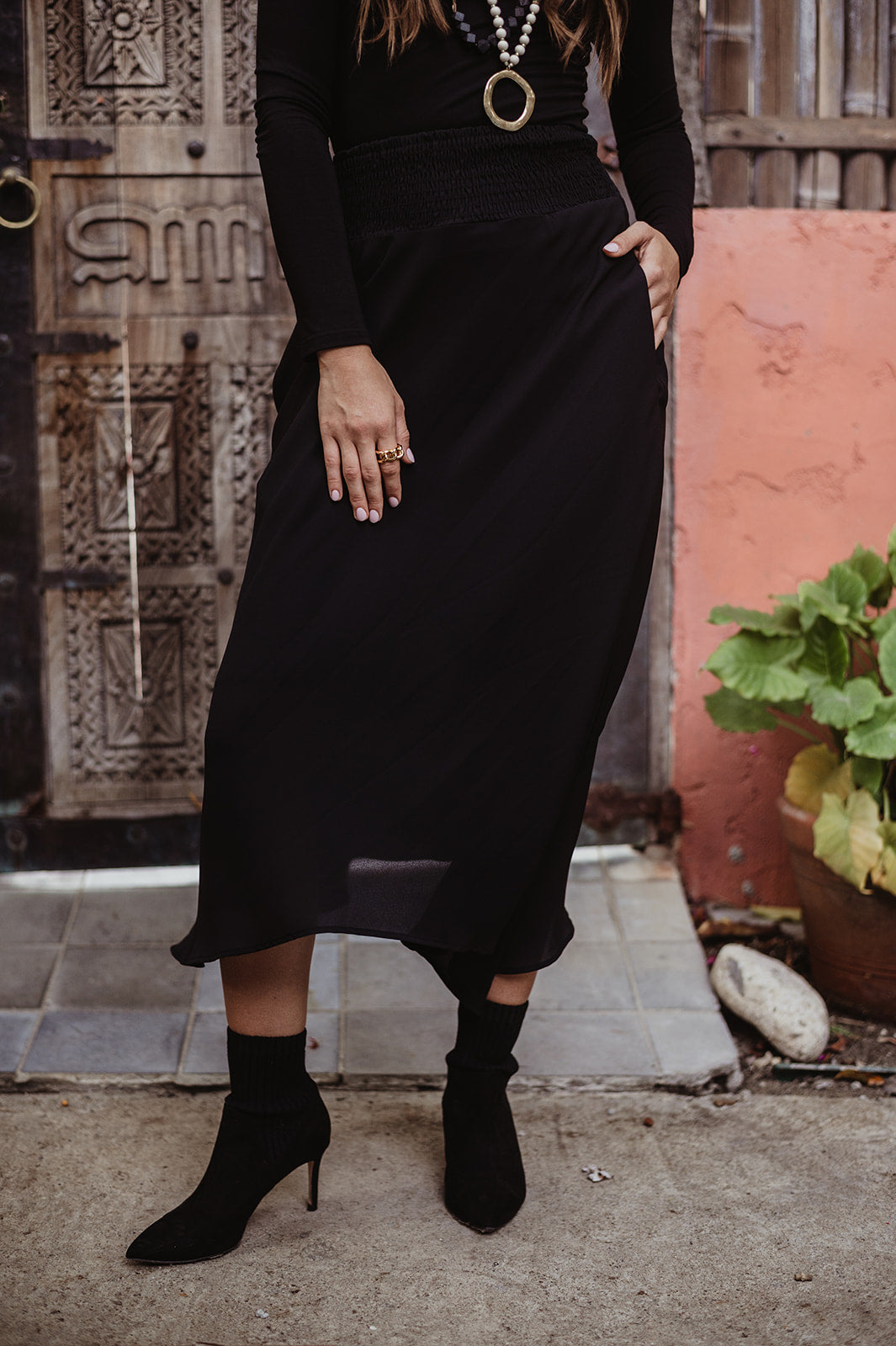 Black Smocked Bias Skirt with Pockets