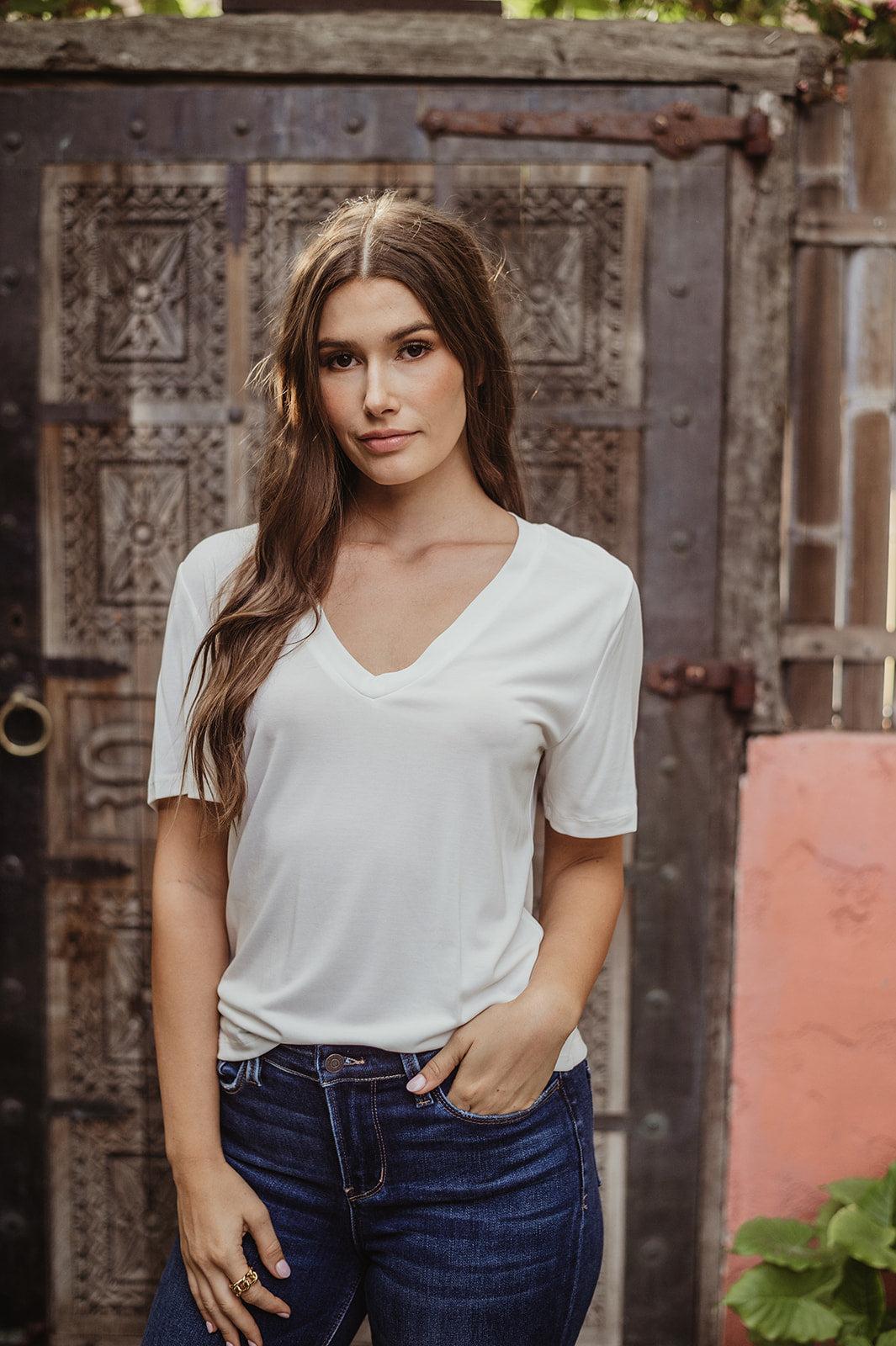 Ivory Cupro V-Neck Cropped Tee