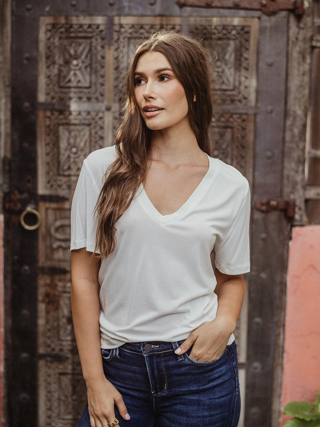 Ivory Cupro V-Neck Cropped Tee