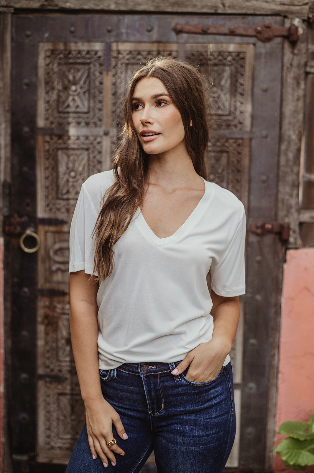 Ivory Cupro V-Neck Cropped Tee