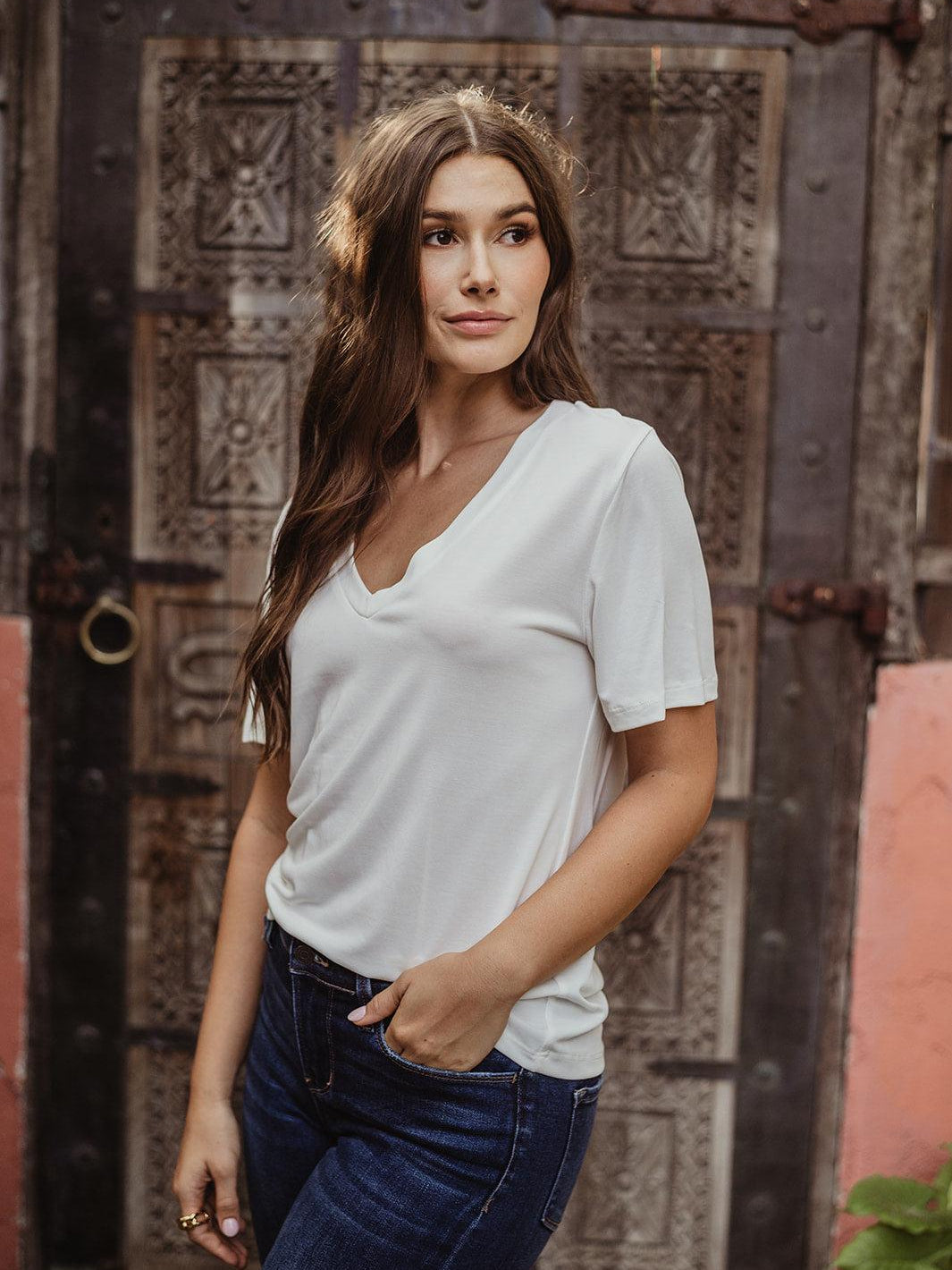 Ivory Cupro V-Neck Cropped Tee