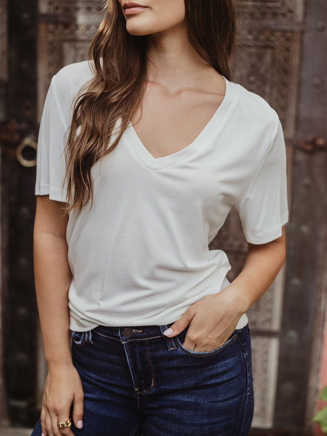 Ivory Cupro V-Neck Cropped Tee
