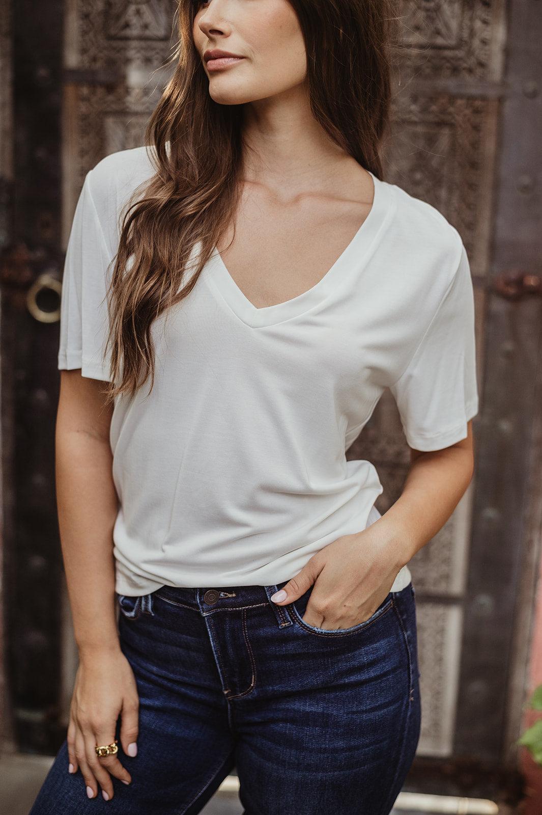 Ivory Cupro V-Neck Cropped Tee