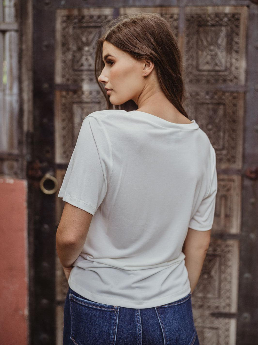 Ivory Cupro V-Neck Cropped Tee