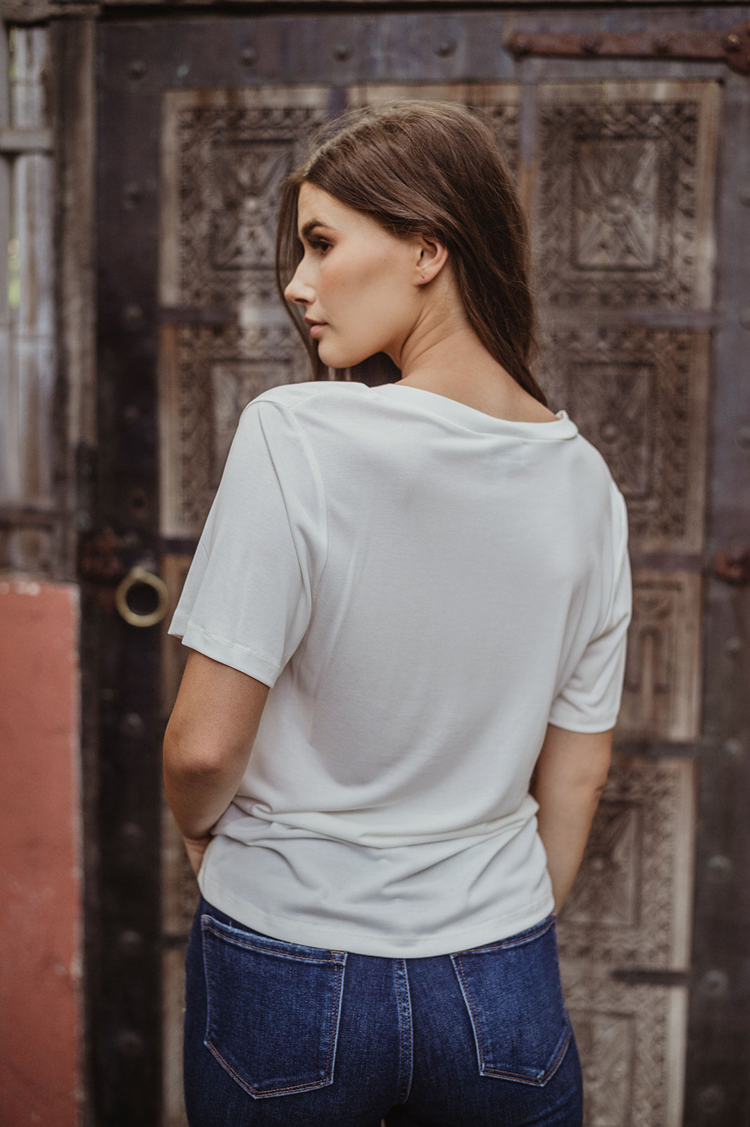 Ivory Cupro V-Neck Cropped Tee